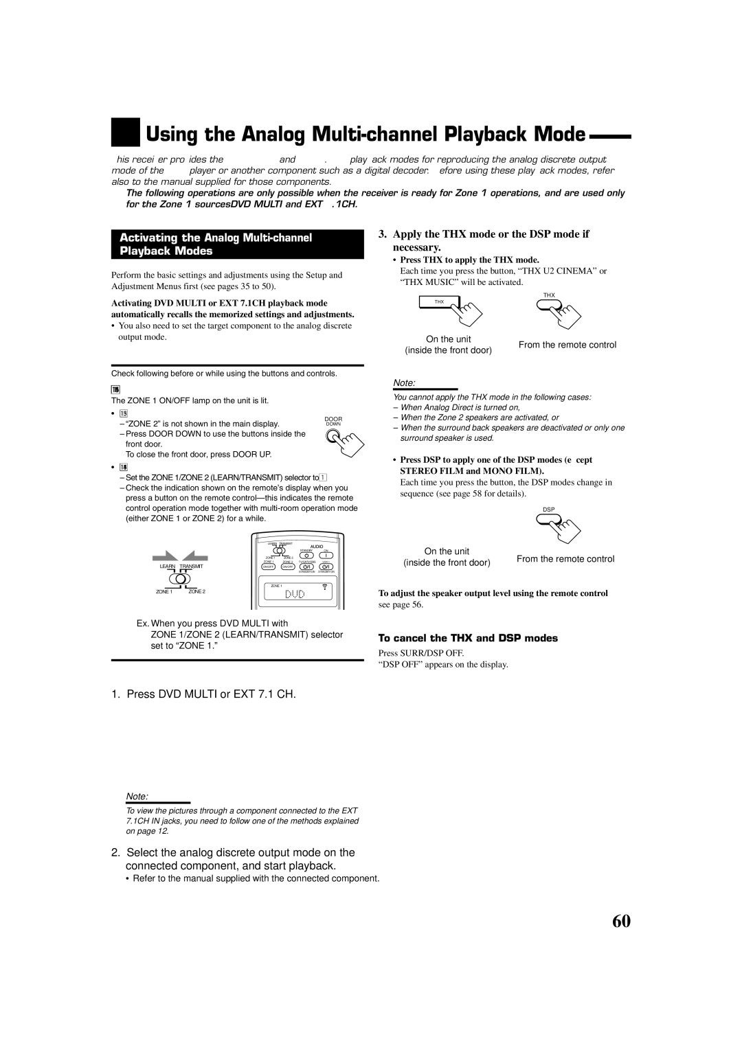 JVC RX-DP20VBKC manual Using the Analog Multi-channel Playback Mode, Activating the Analog Multi-channel, Playback Modes 