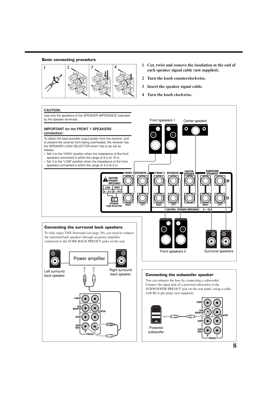 JVC RX-DP9VBK manual Basic connecting procedure, Connecting the surround back speakers, Connecting the subwoofer speaker 