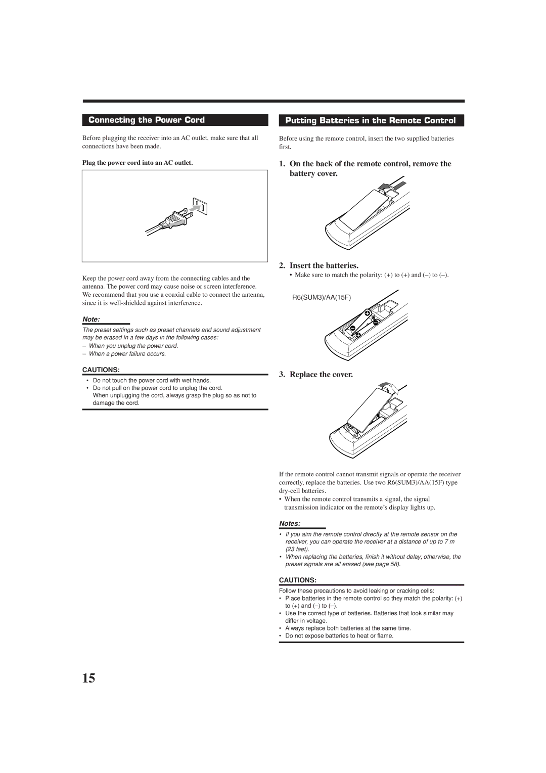 JVC RX-DP9VBK manual Connecting the Power Cord, Putting Batteries in the Remote Control, Replace the cover, R6SUM3/AA15F 