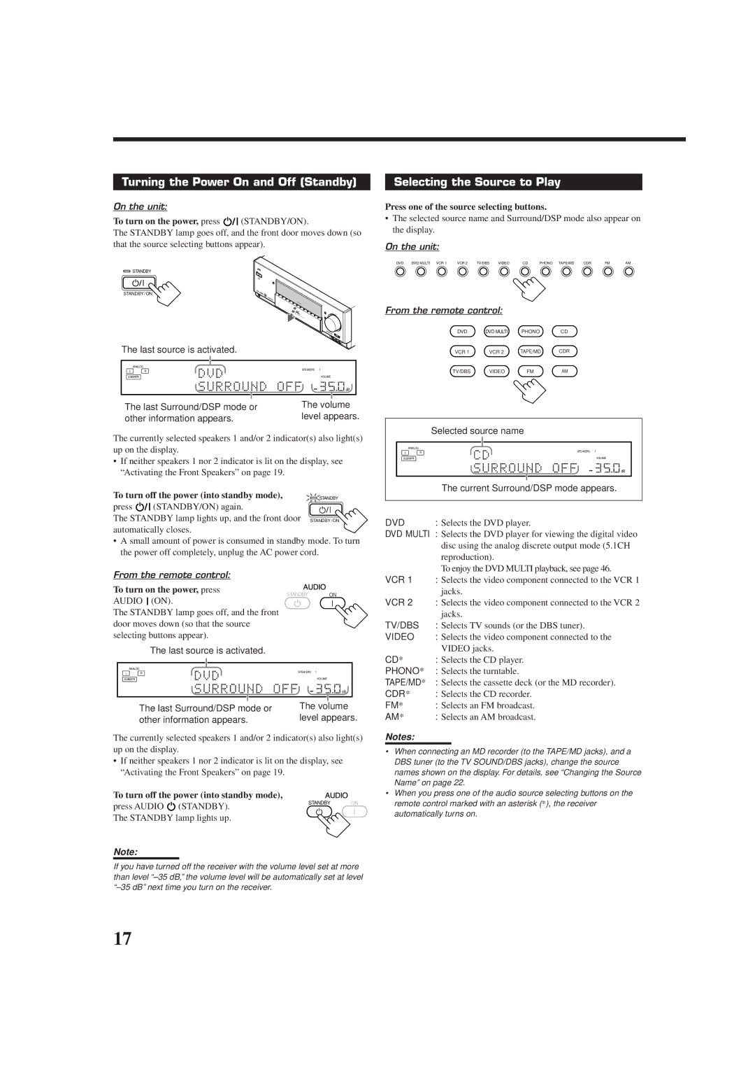 JVC RX-DP9VBK manual Turning the Power On and Off Standby, Selecting the Source to Play 