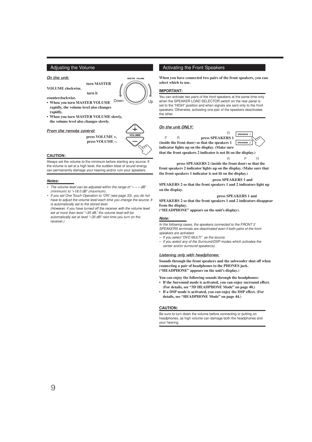 JVC RX-DP9VBK manual Adjusting the Volume Activating the Front Speakers 