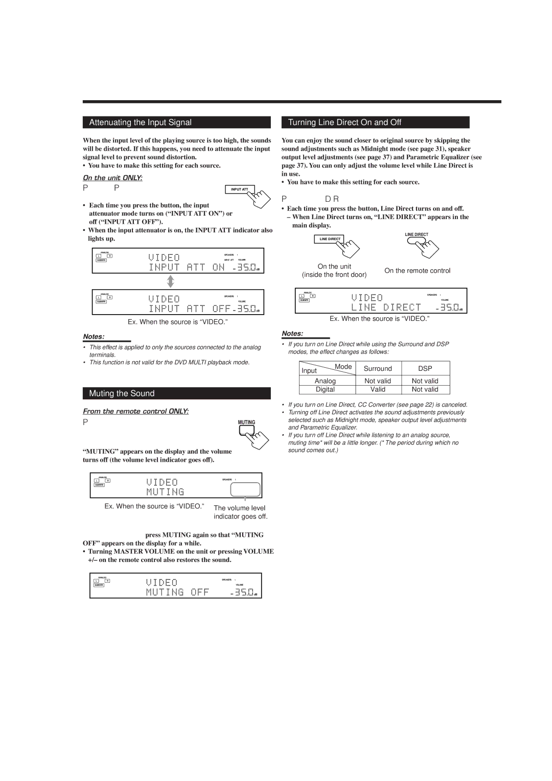 JVC RX-DP9VBK manual Attenuating the Input Signal, Turning Line Direct On and Off, Muting the Sound 