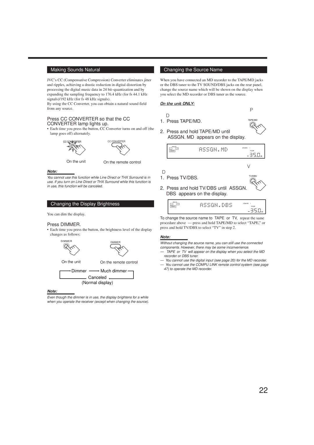 JVC RX-DP9VBK manual Making Sounds Natural, Changing the Source Name, Changing the Display Brightness 