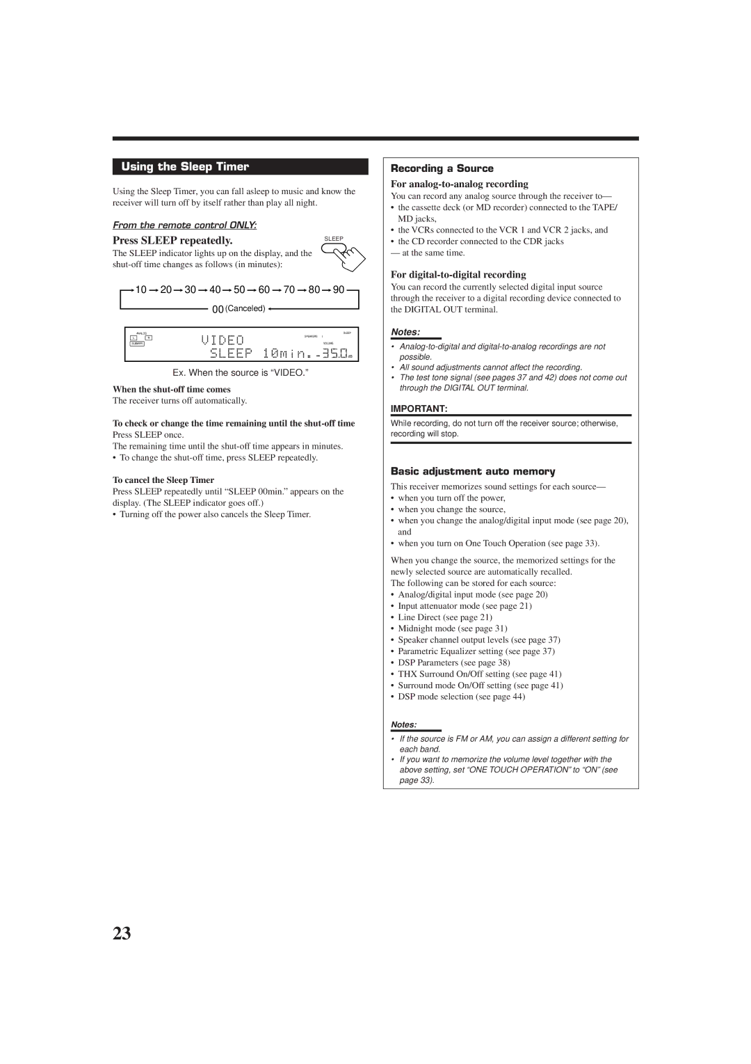 JVC RX-DP9VBK manual Using the Sleep Timer, Recording a Source, Basic adjustment auto memory, When the shut-off time comes 