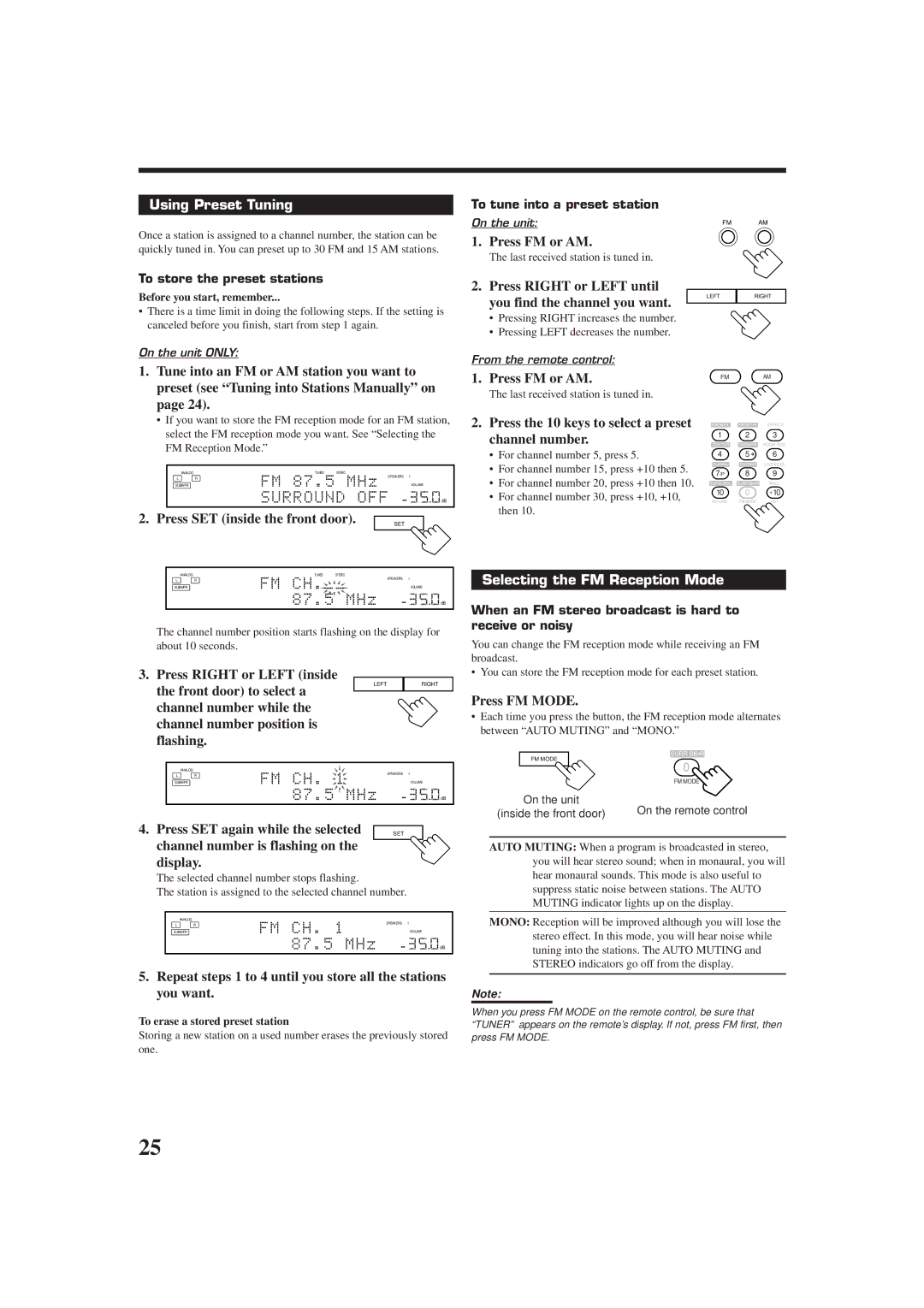 JVC RX-DP9VBK manual Using Preset Tuning, Selecting the FM Reception Mode 