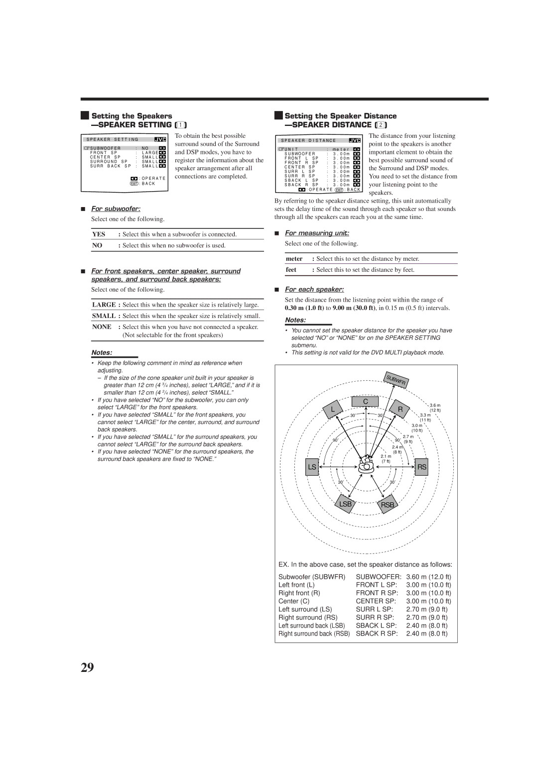 JVC RX-DP9VBK manual For subwoofer, Select this when a subwoofer is connected, Select this when no subwoofer is used 