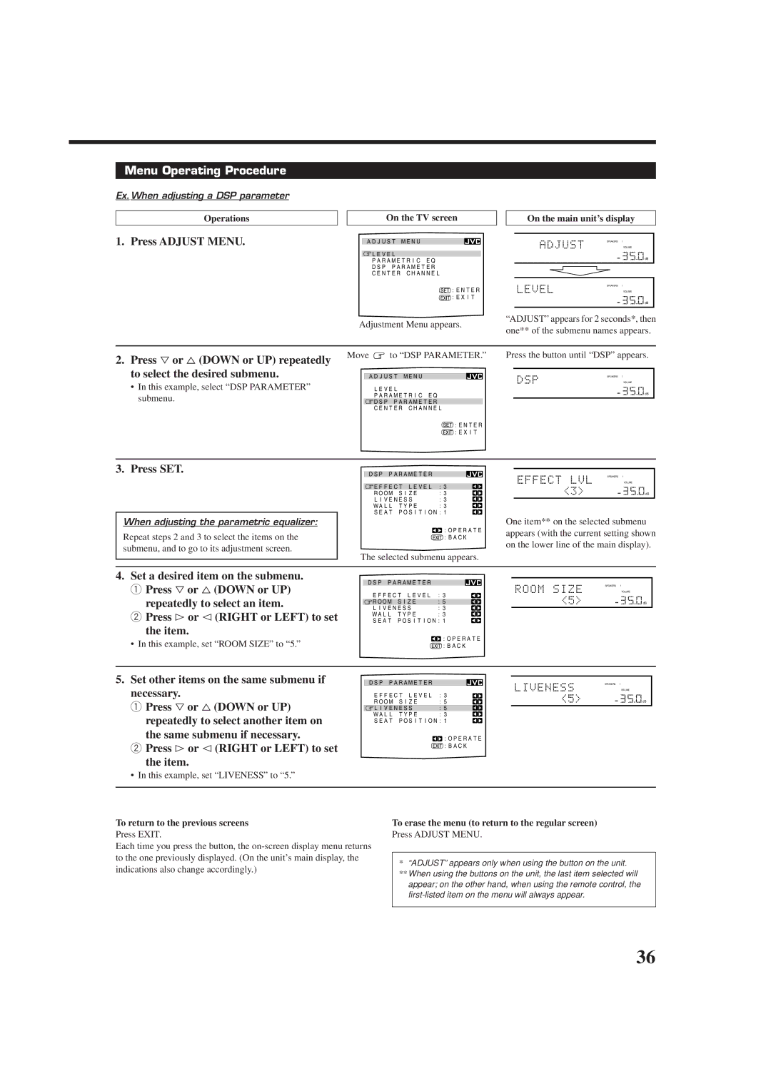 JVC RX-DP9VBK manual Press Adjust Menu, Ex.When adjusting a DSP parameter, When adjusting the parametric equalizer 