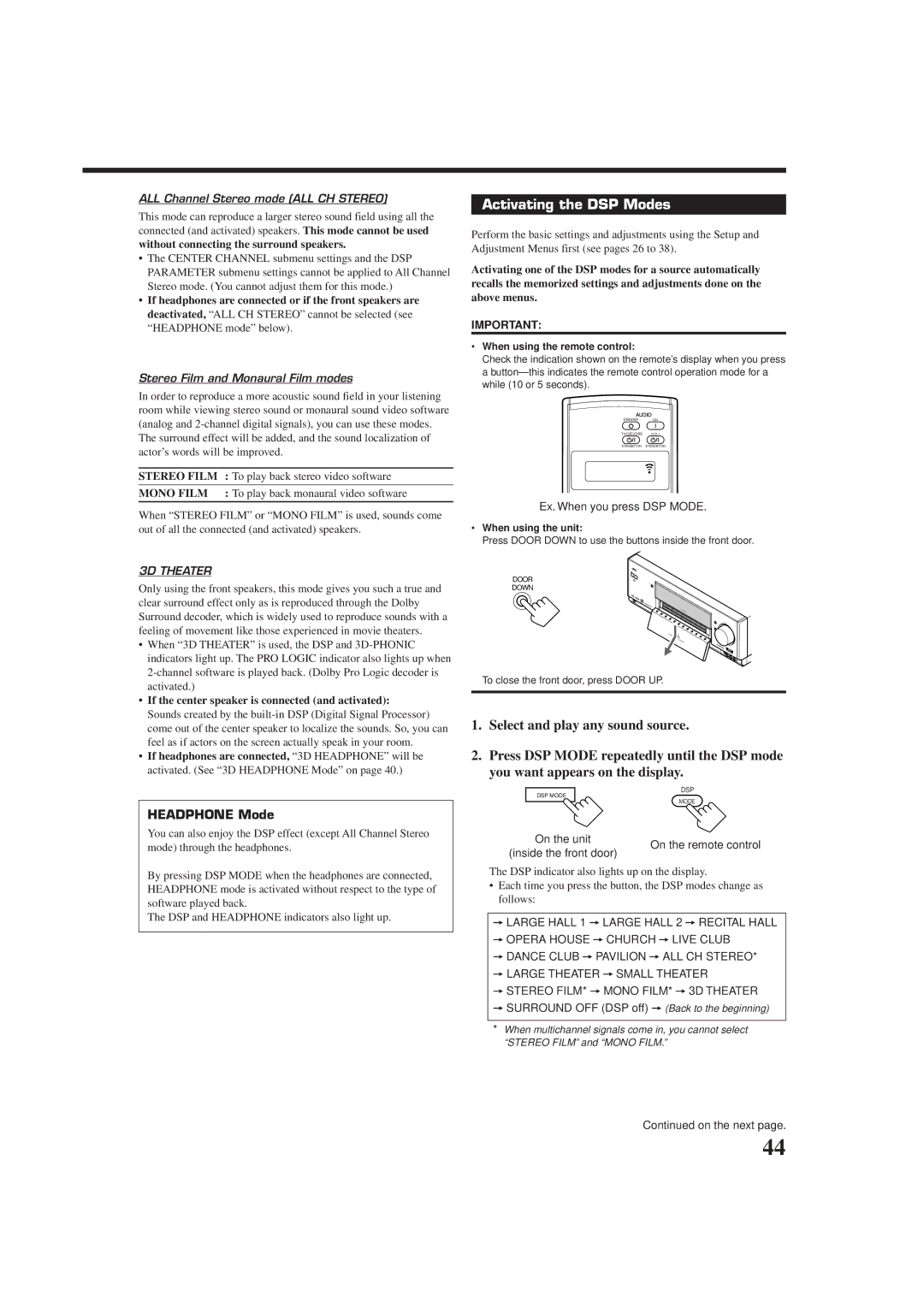 JVC RX-DP9VBK manual Activating the DSP Modes, Headphone Mode, Without connecting the surround speakers 