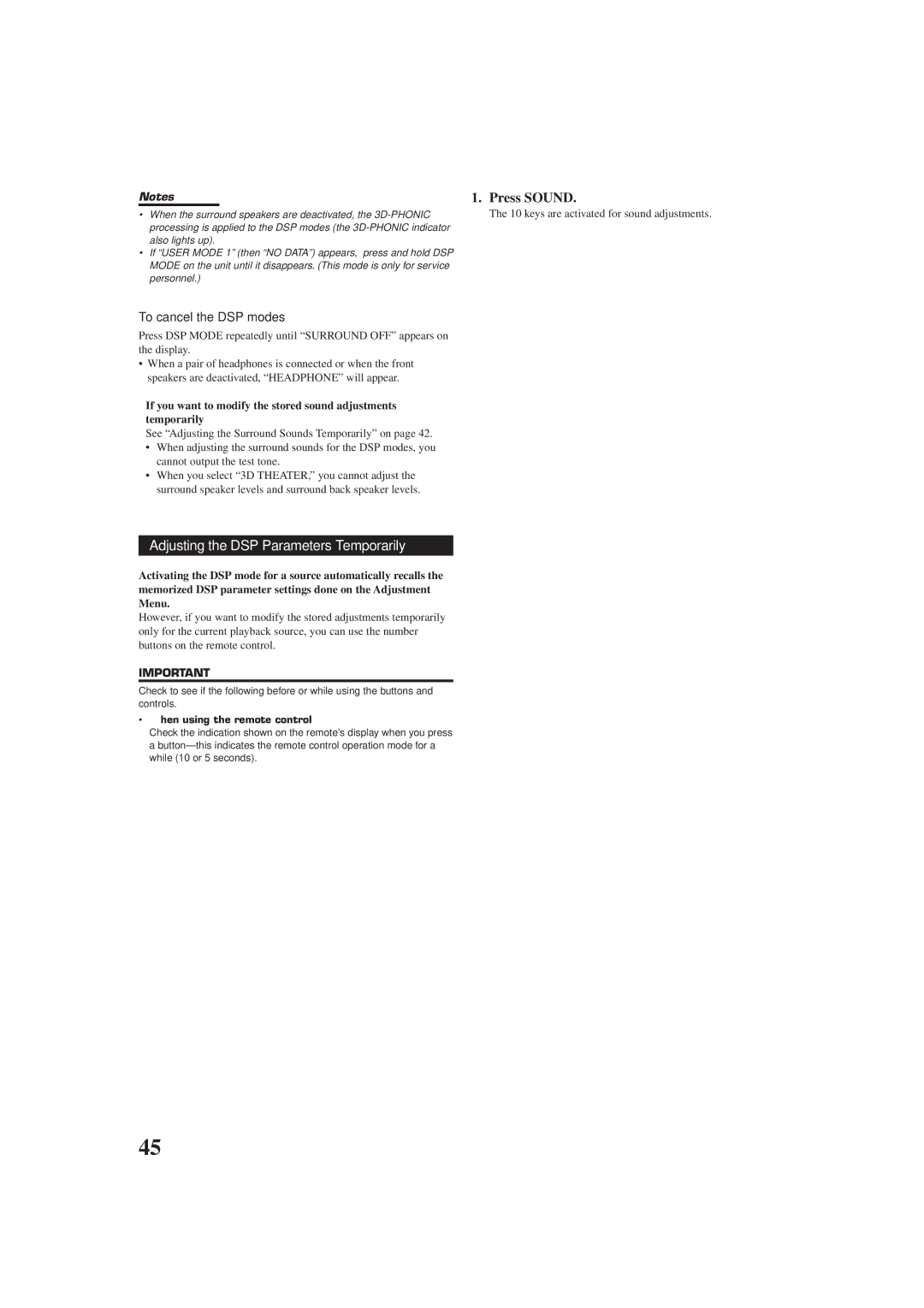 JVC RX-DP9VBK manual Adjusting the DSP Parameters Temporarily 