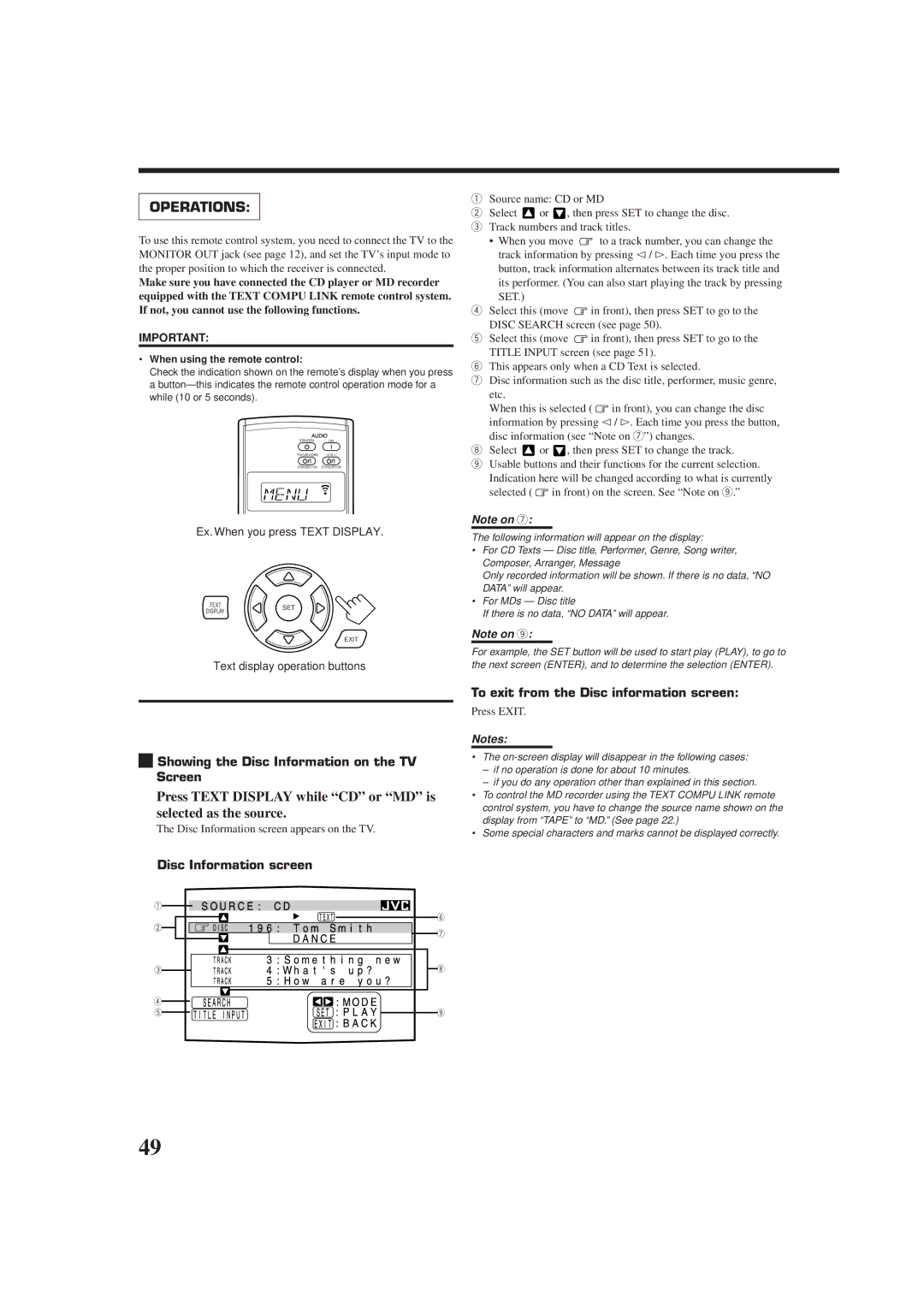 JVC RX-DP9VBK Press Text Display while CD or MD is selected as the source, Showing the Disc Information on the TV Screen 