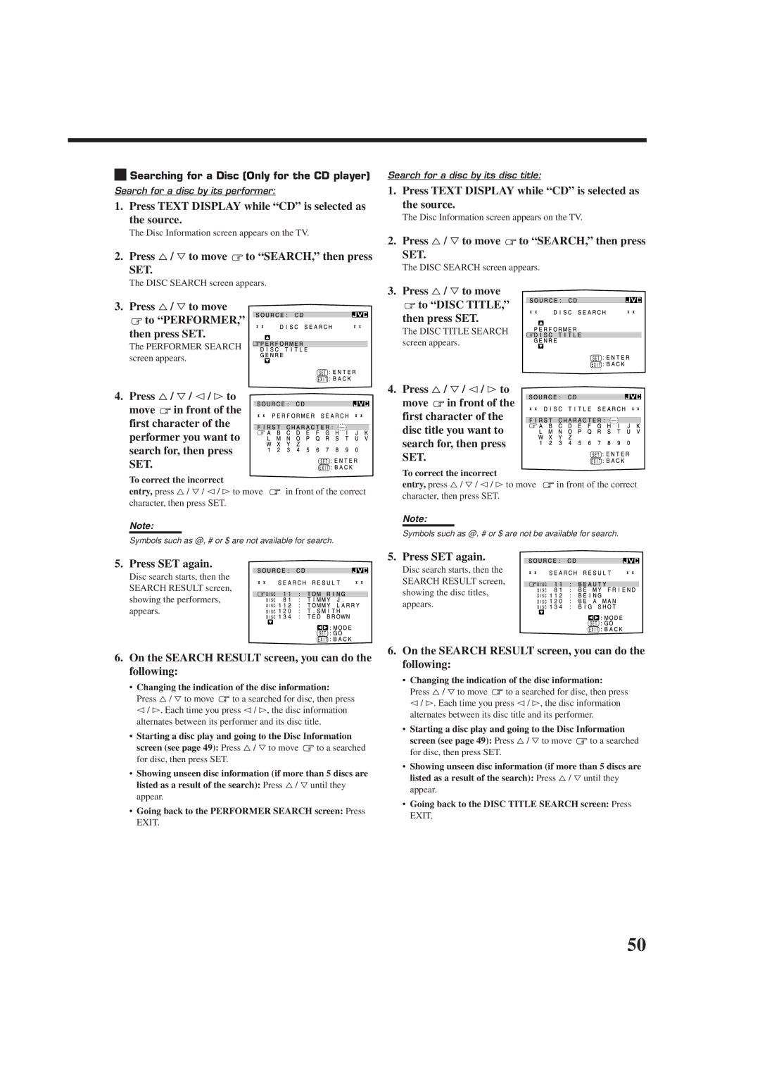 JVC RX-DP9VBK manual Press Text Display while CD is selected as the source, Press %/ Þto move to SEARCH, then press 