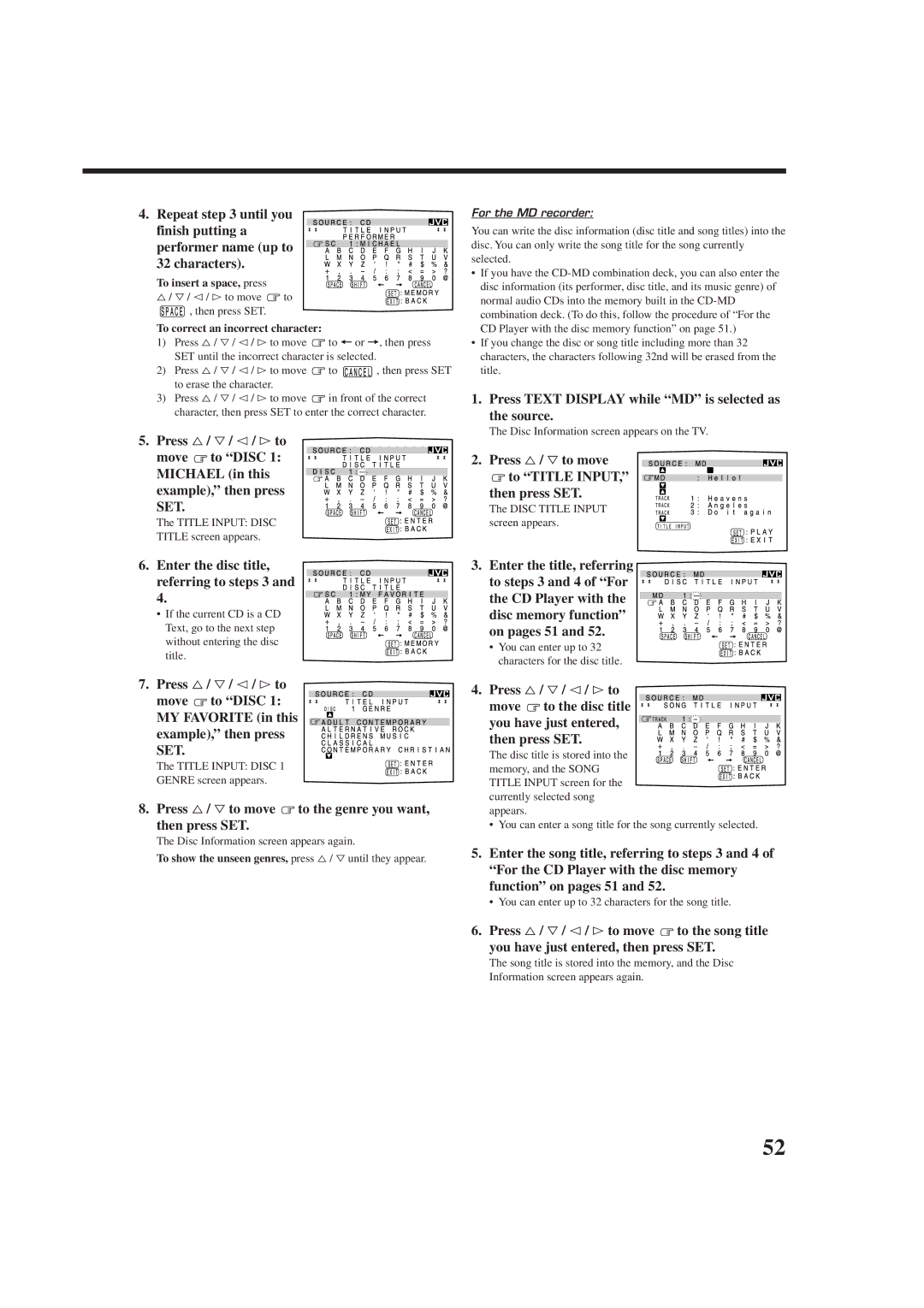 JVC RX-DP9VBK manual Press Text Display while MD is selected as the source, To insert a space, press 