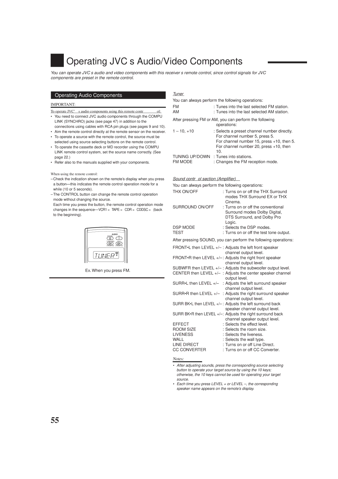 JVC RX-DP9VBK Operating JVC’s Audio/Video Components, Operating Audio Components, Tuner, Sound control section Amplifier 