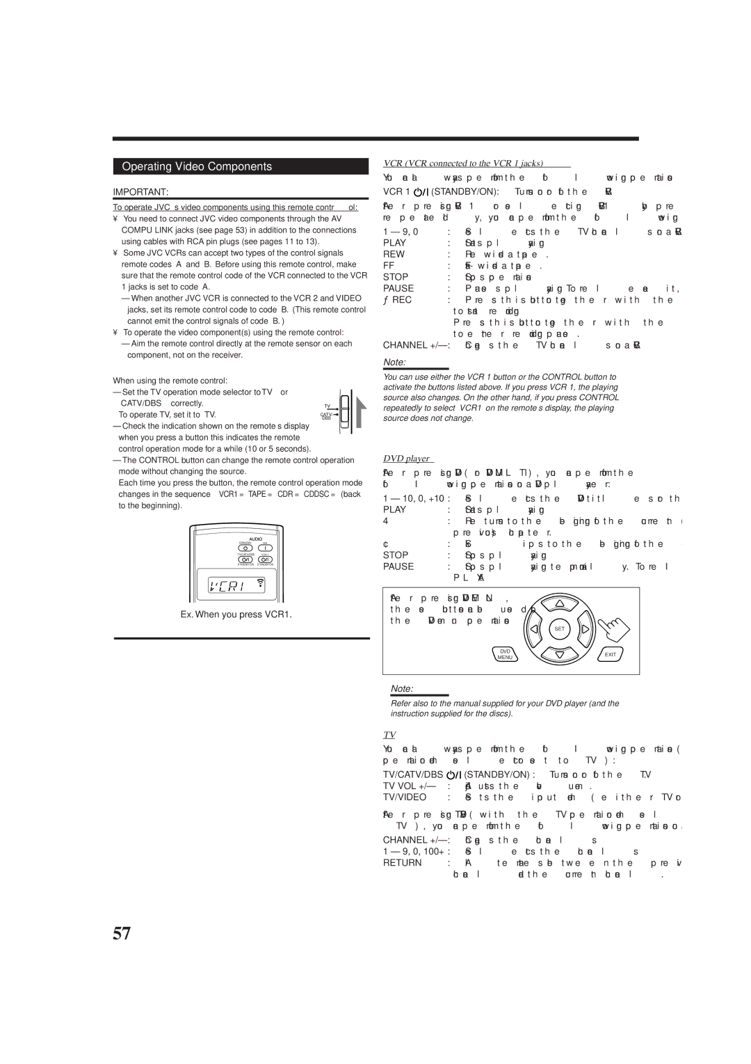 JVC RX-DP9VBK manual Operating Video Components, VCR VCR connected to the VCR 1 jacks, DVD player 