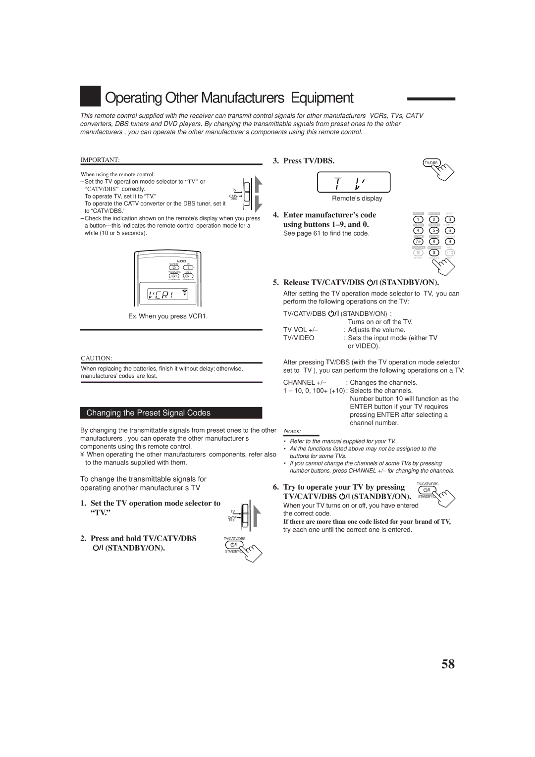 JVC RX-DP9VBK manual Operating Other Manufacturers’ Equipment, Changing the Preset Signal Codes 