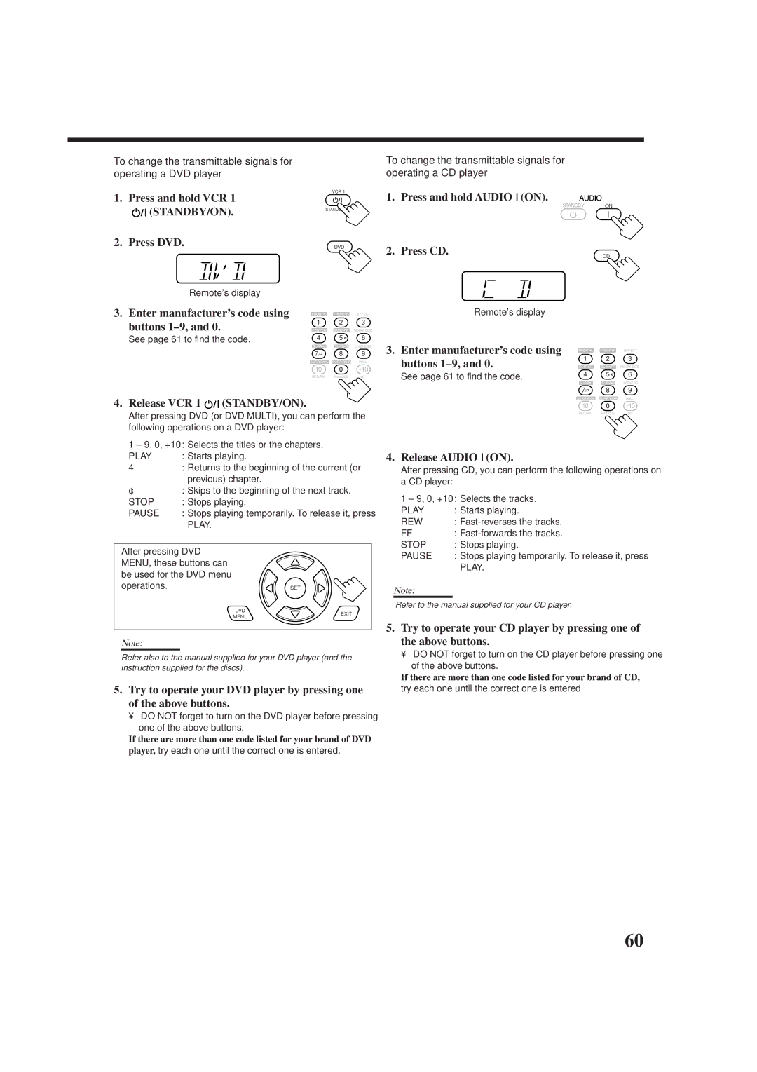 JVC RX-DP9VBK manual Press DVD, Press and hold Audio on, Press CD, Release Audio on 