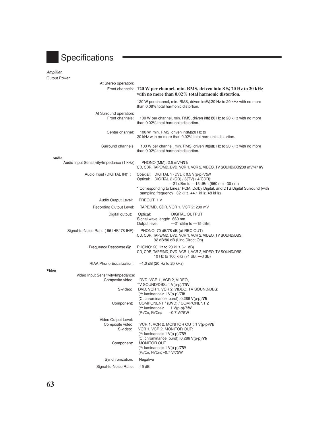 JVC RX-DP9VBK manual Specifications, Amplifier, Audio 