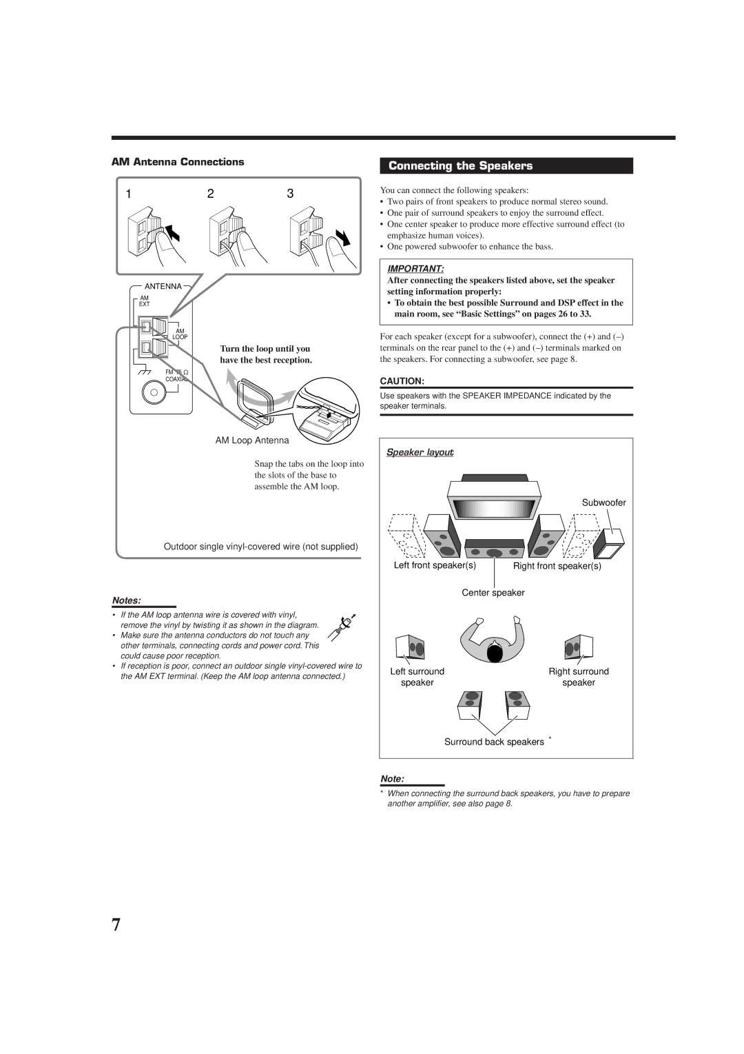 JVC RX-DP9VBK manual Connecting the Speakers, AM Antenna Connections, Turn the loop until you have the best reception 