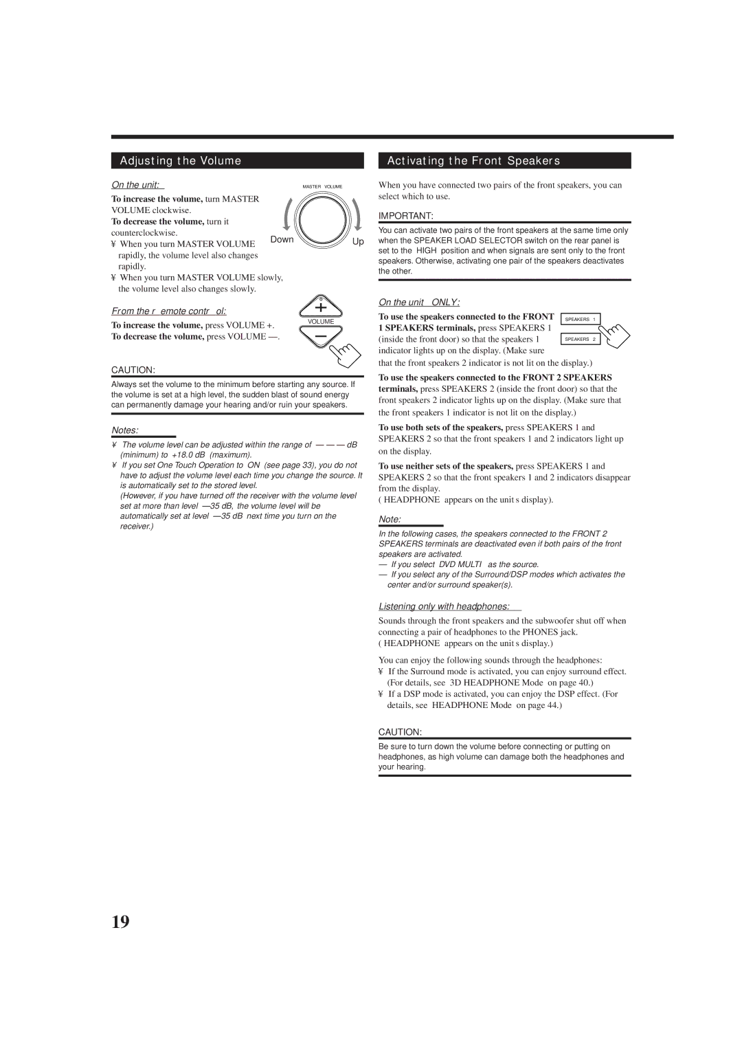 JVC RX-DP9VBK manual Adjusting the Volume Activating the Front Speakers 