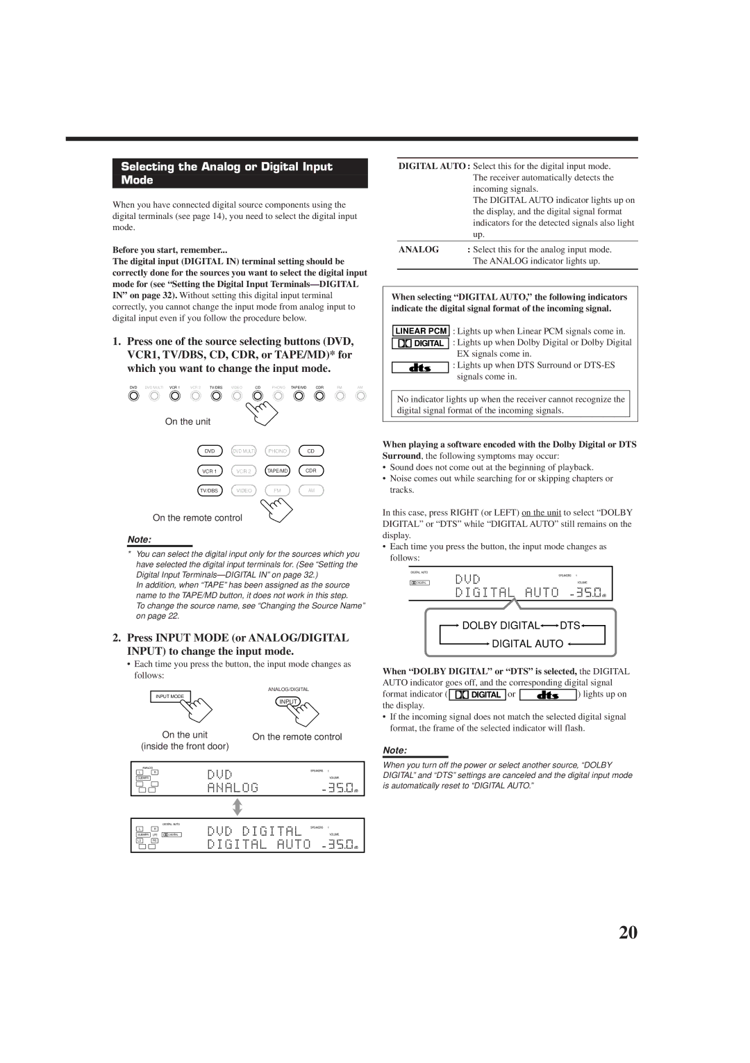 JVC RX-DP9VBK manual Selecting the Analog or Digital Input Mode, Before you start, remember, Analog indicator lights up 