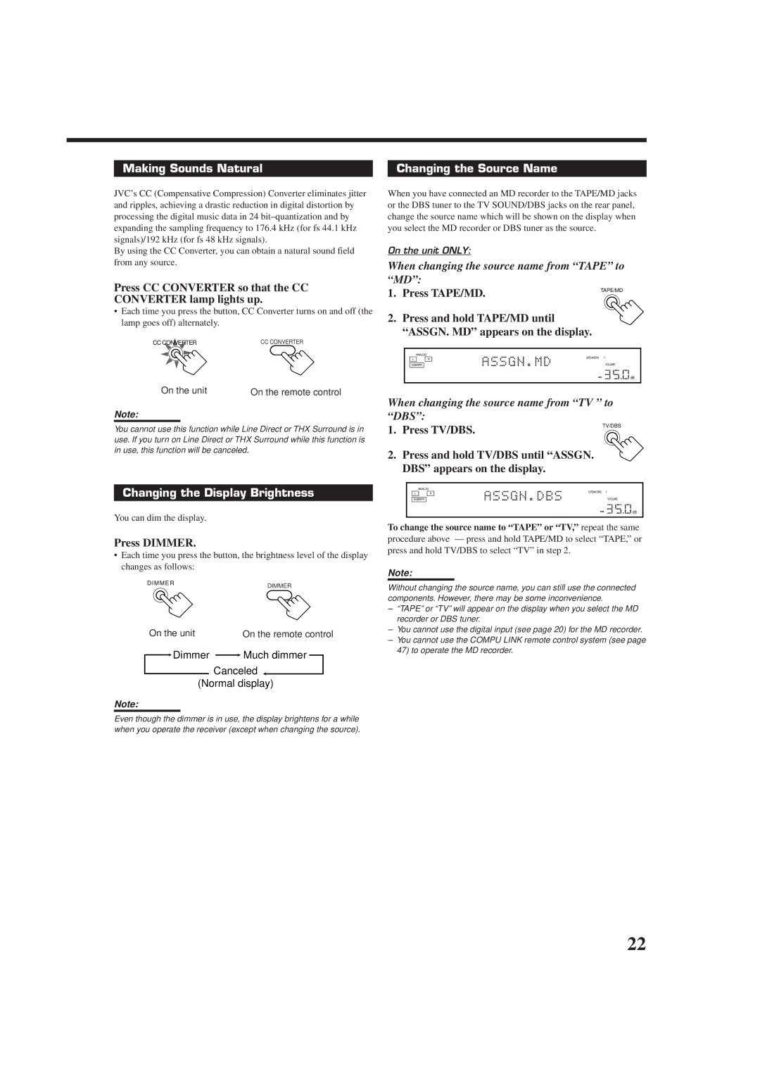 JVC RX-DP9VBK manual Making Sounds Natural, Changing the Source Name, Changing the Display Brightness 