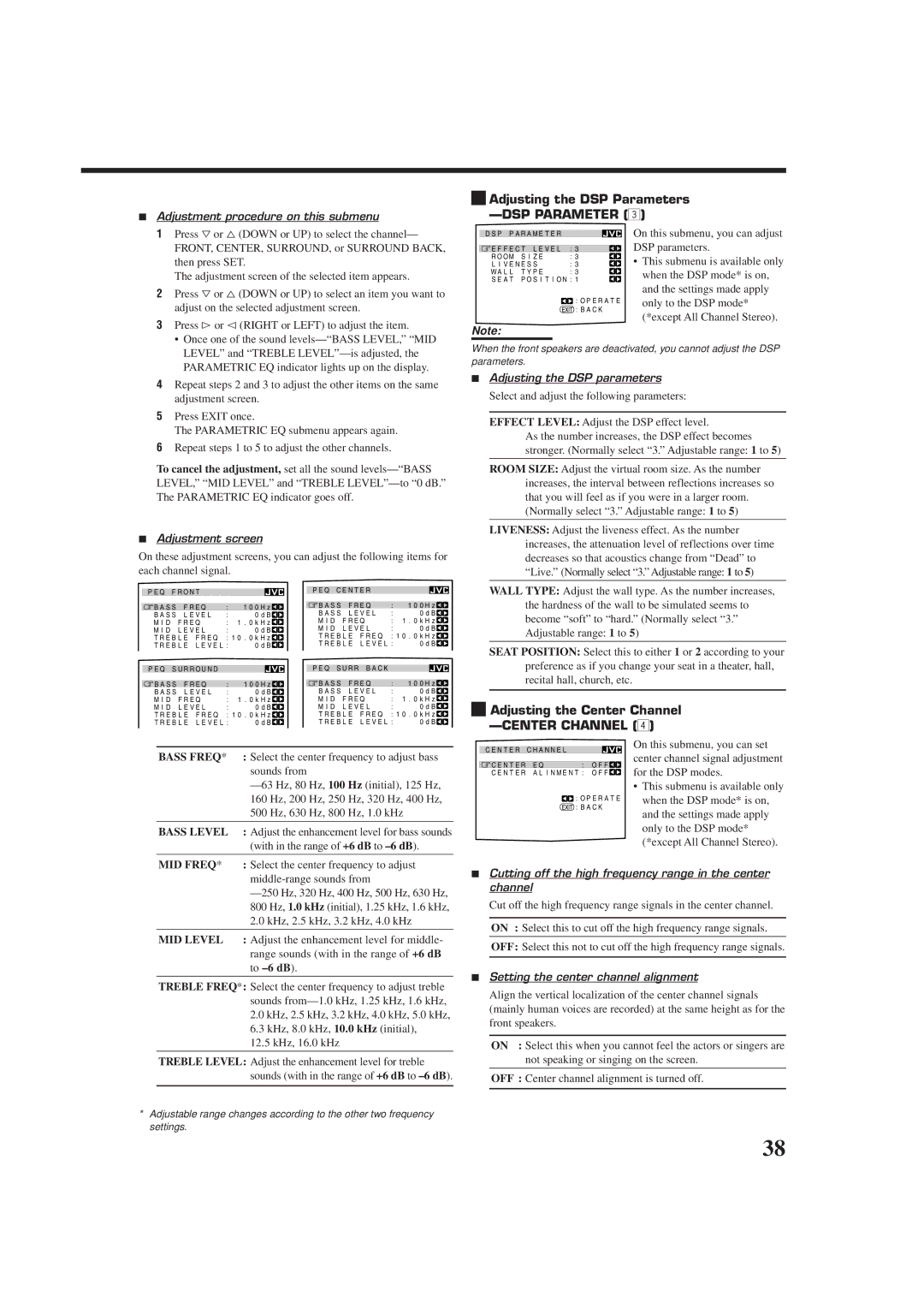 JVC RX-DP9VBK manual Adjusting the DSP Parameters -DSP Parameter, Adjusting the Center Channel -CENTER Channel 