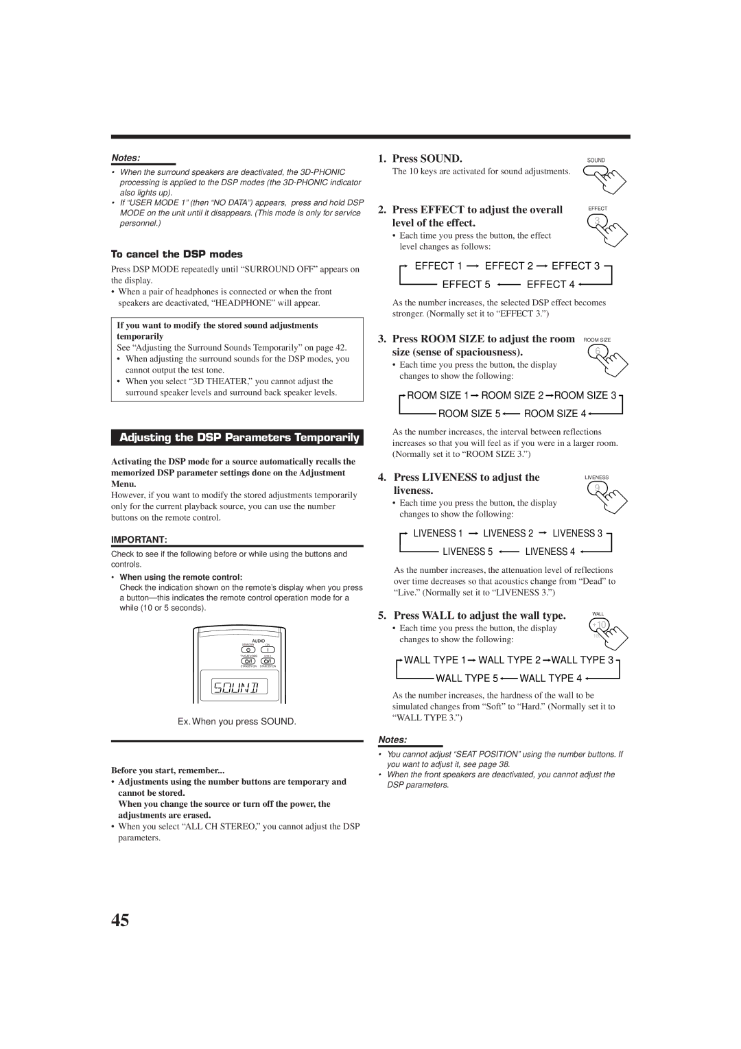 JVC RX-DP9VBK manual Adjusting the DSP Parameters Temporarily 