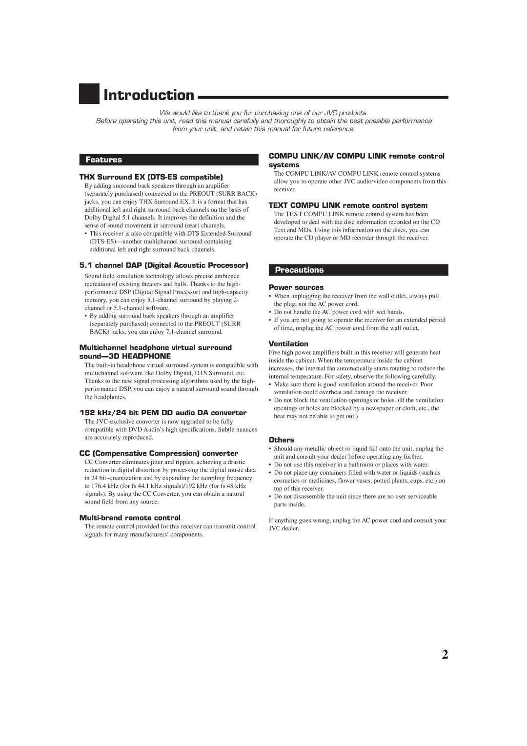 JVC RX-DP9VBK manual Introduction, Features, Precautions 