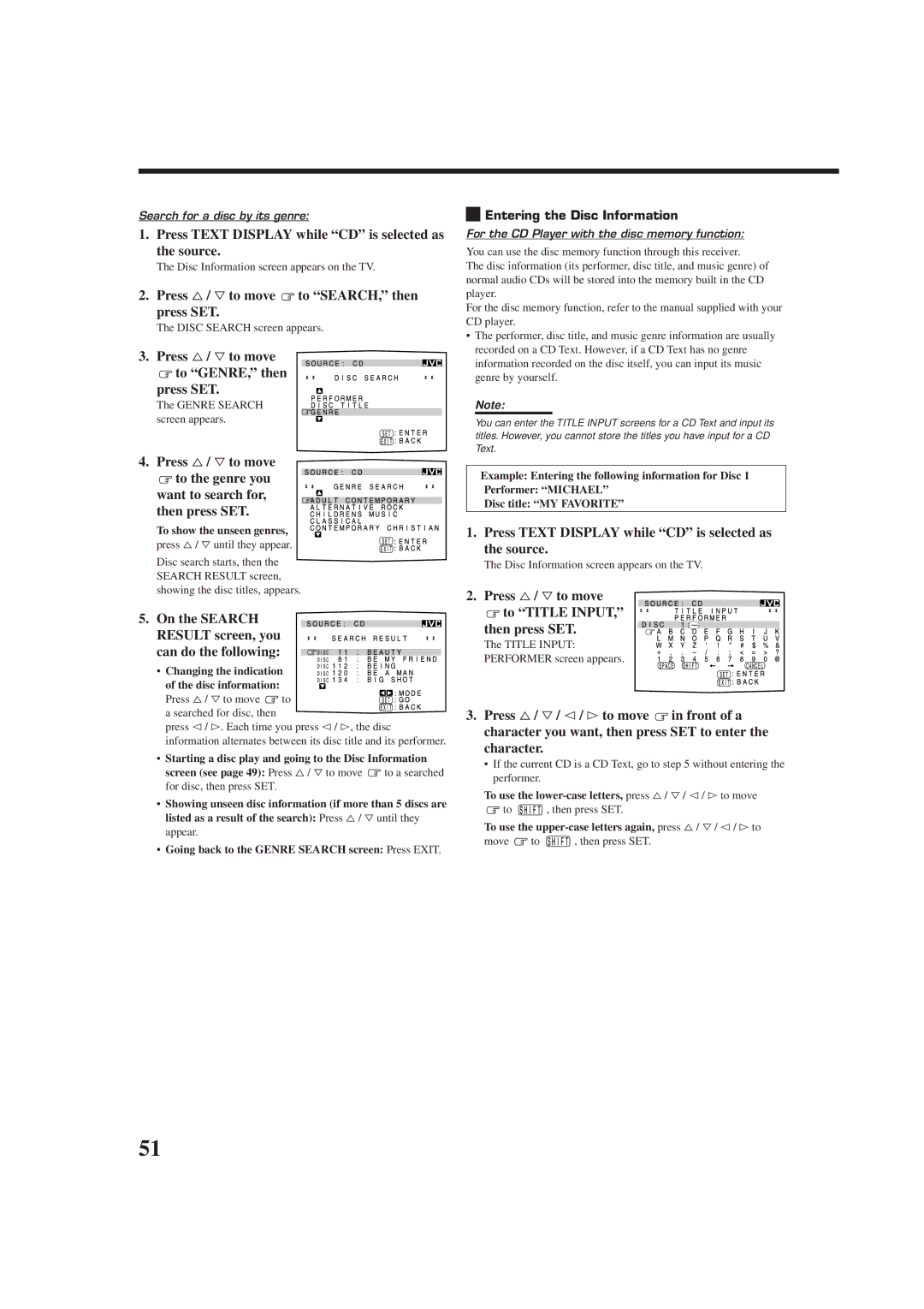 JVC RX-DP9VBK manual Press %/ Þto move to SEARCH, then press SET, Press %/ Þto move To GENRE, then Press SET, On the Search 