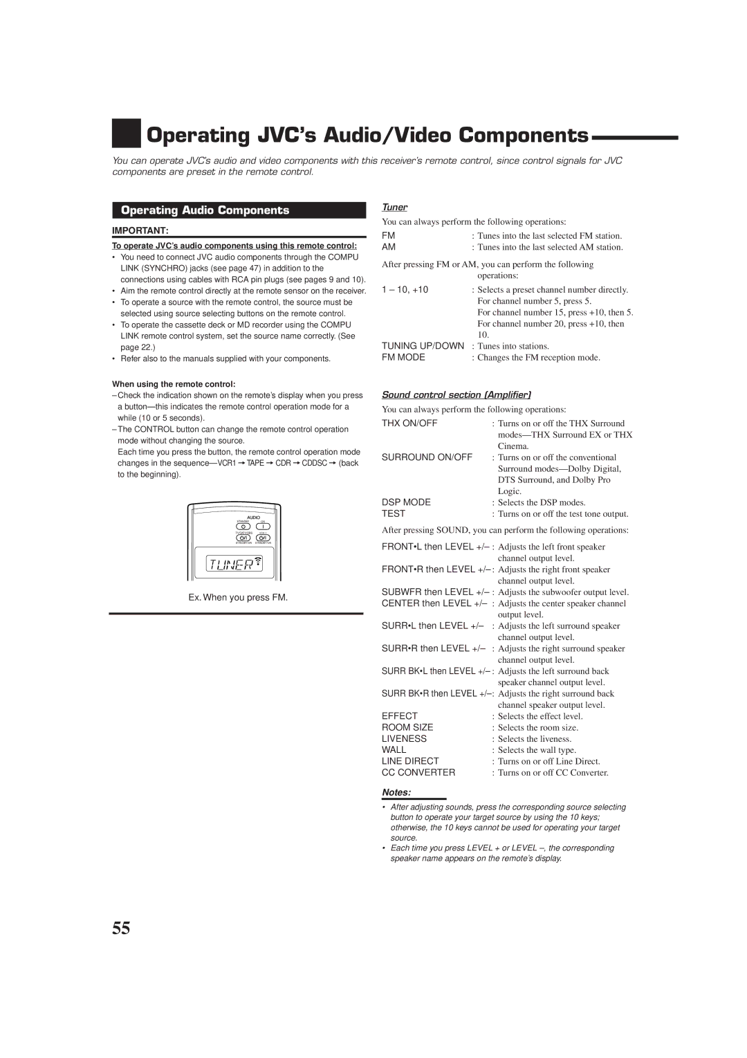 JVC RX-DP9VBK Operating JVC’s Audio/Video Components, Operating Audio Components, Tuner, Sound control section Amplifier 