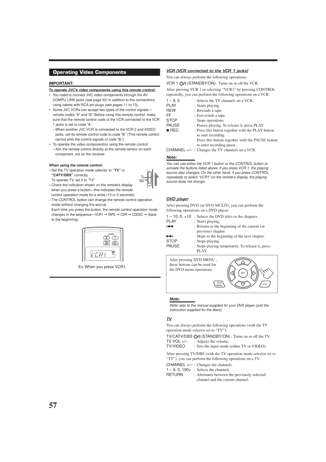 JVC RX-DP9VBK manual Operating Video Components, VCR VCR connected to the VCR 1 jacks, DVD player 