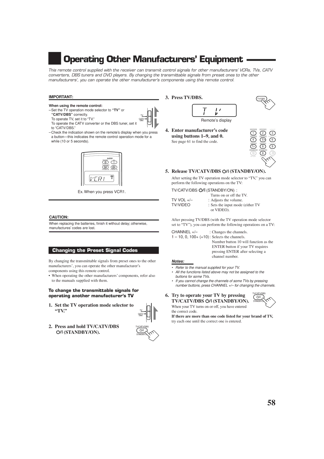 JVC RX-DP9VBK manual Operating Other Manufacturers’ Equipment, Changing the Preset Signal Codes 