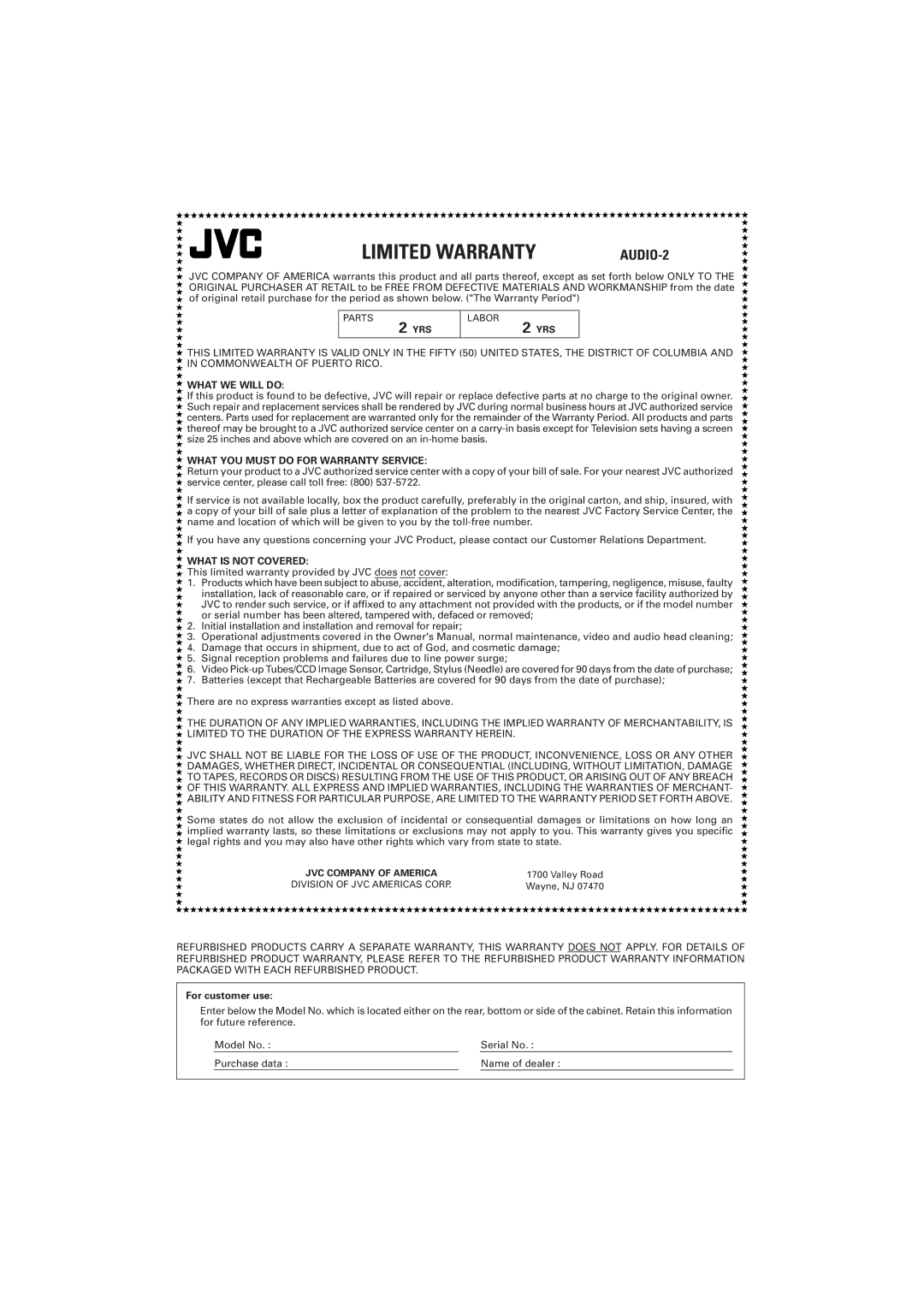 JVC RX-DP9VBK manual Limited Warranty 