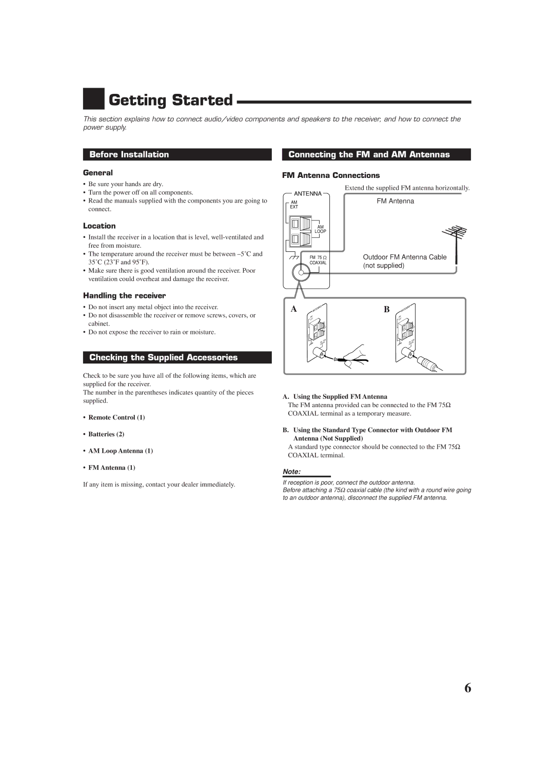 JVC RX-DP9VBK Getting Started, Before Installation, Connecting the FM and AM Antennas, Checking the Supplied Accessories 