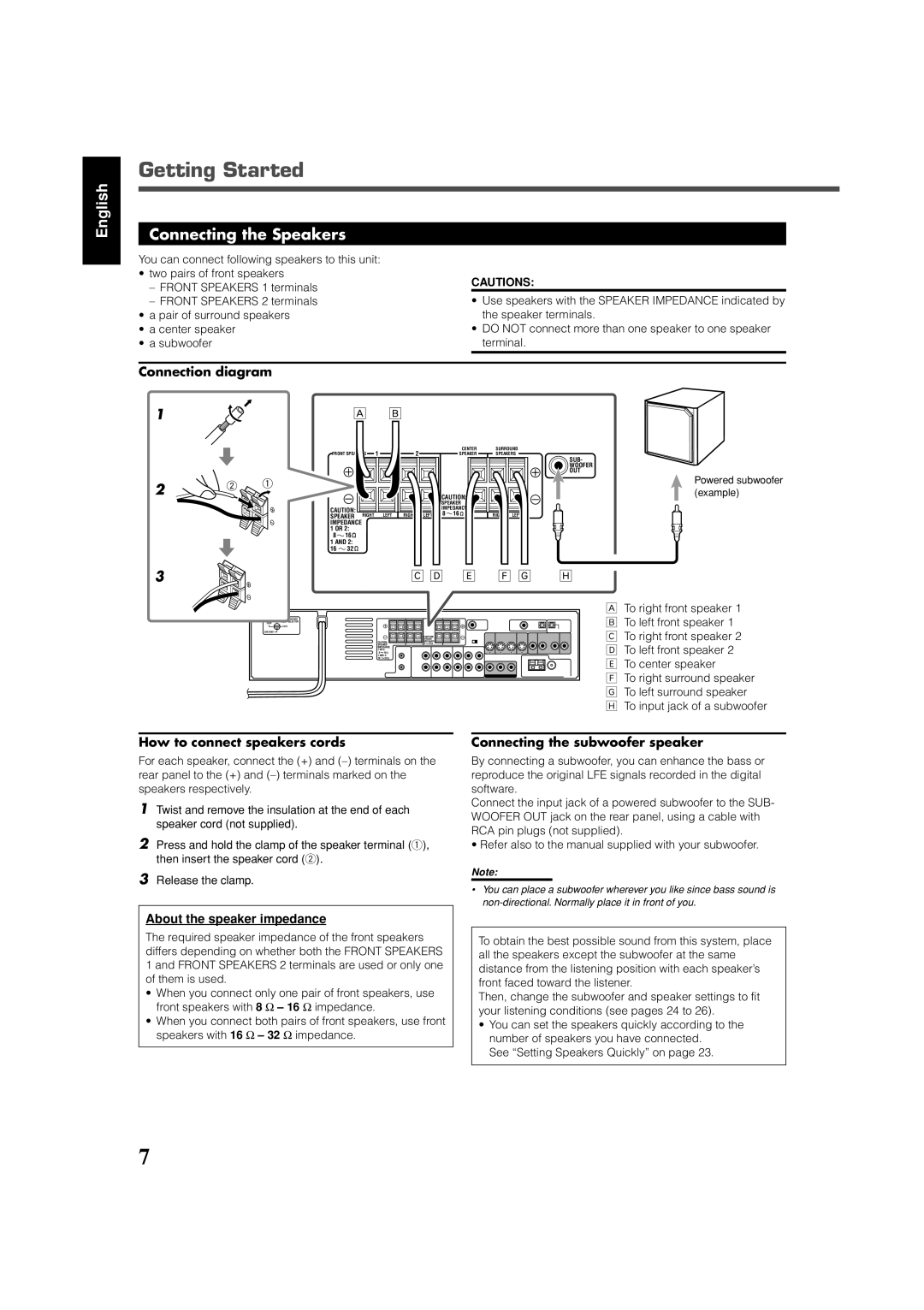 JVC RX-DV31 manual Connection diagram, How to connect speakers cords, Connecting the subwoofer speaker 