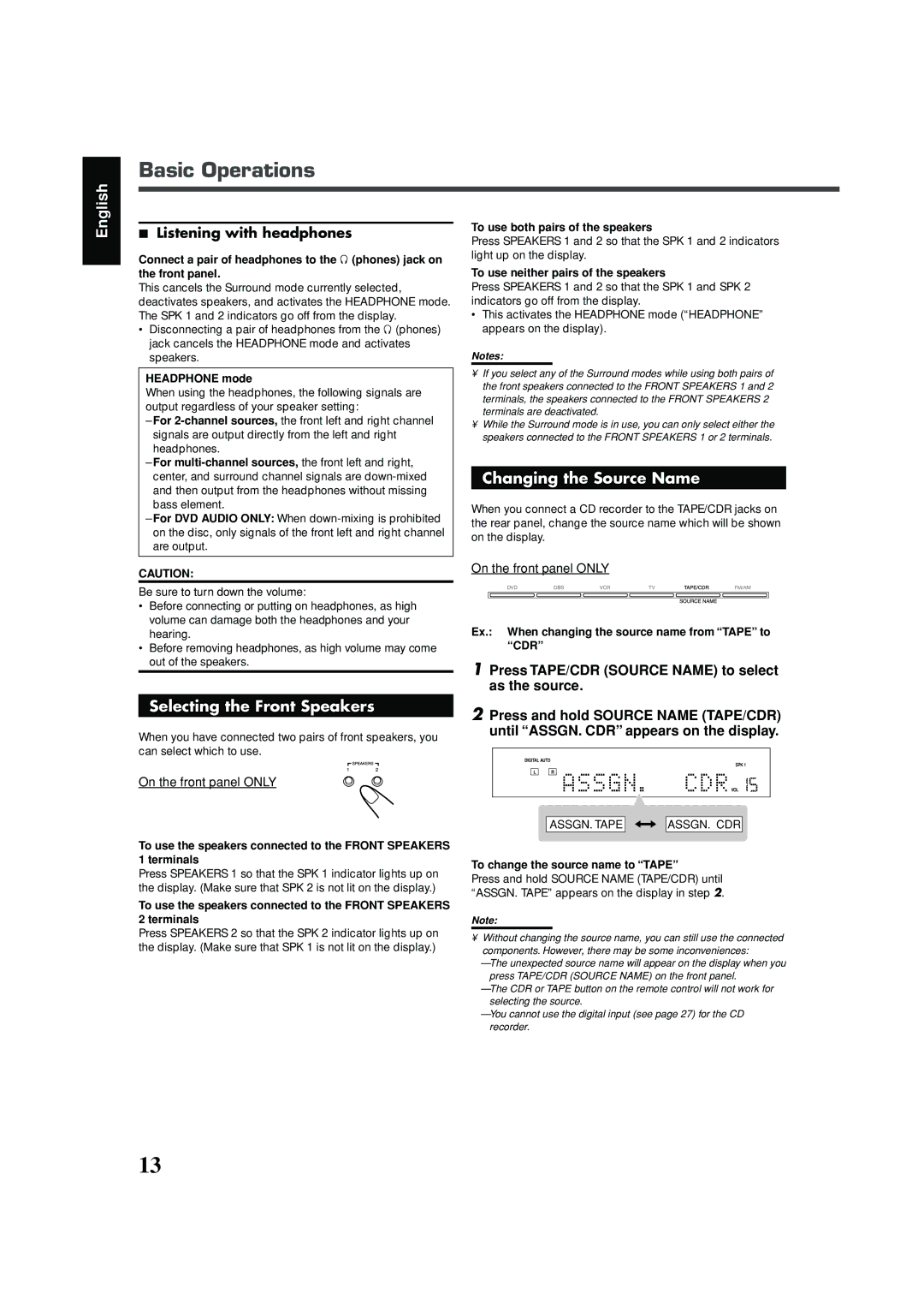 JVC RX-DV31 manual Basic Operations, Selecting the Front Speakers, Changing the Source Name, Listening with headphones 