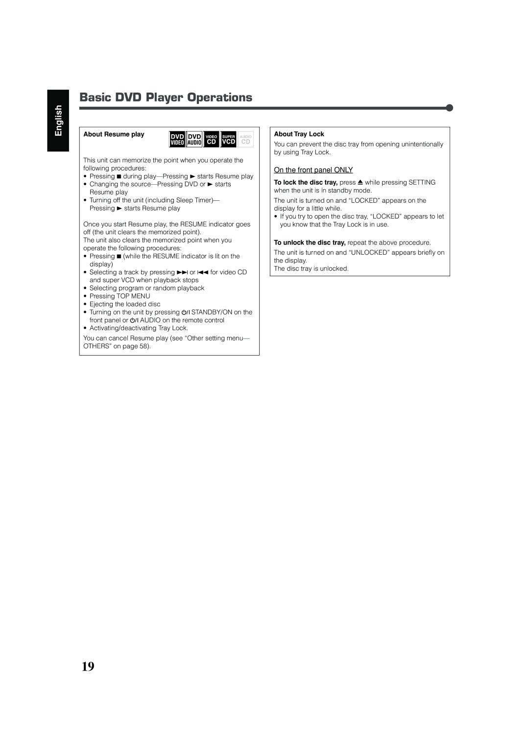 JVC RX-DV31 manual Basic DVD Player Operations, About Resume play, About Tray Lock 