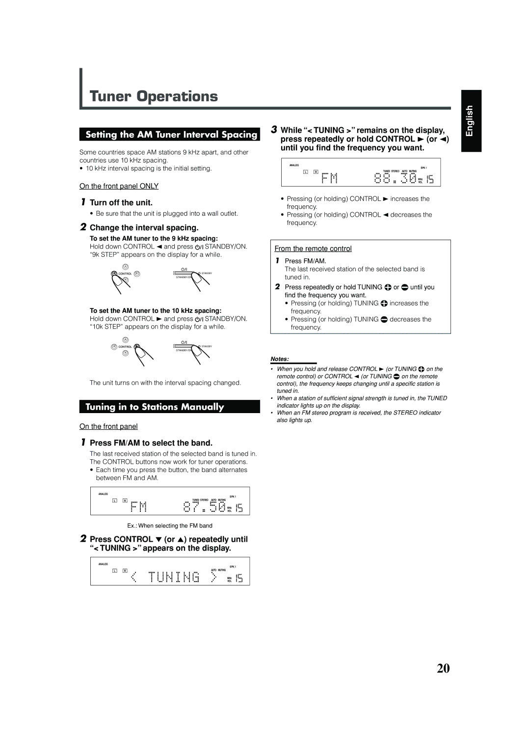 JVC RX-DV31 manual Tuner Operations, Setting the AM Tuner Interval Spacing, Tuning in to Stations Manually 