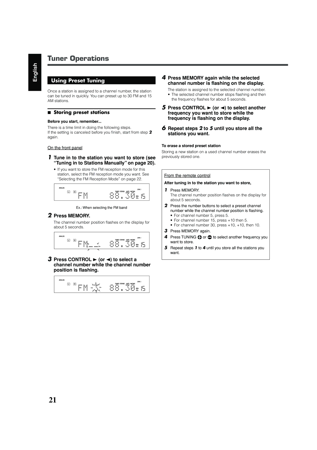 JVC RX-DV31 manual Tuner Operations, Using Preset Tuning, Press Memory again while the selected 