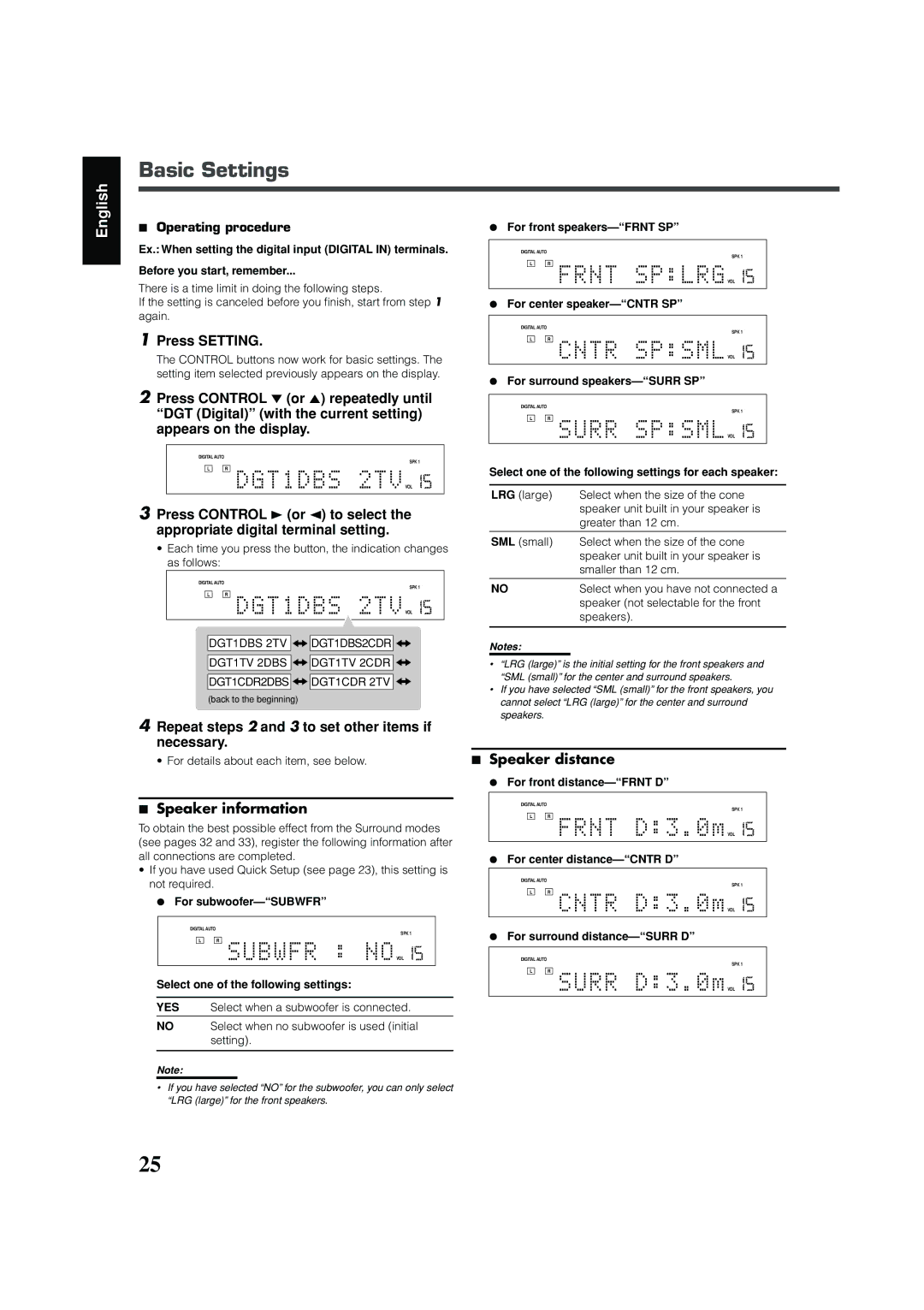 JVC RX-DV31 Basic Settings, Repeat steps 2 and 3 to set other items if necessary, Speaker information, Speaker distance 