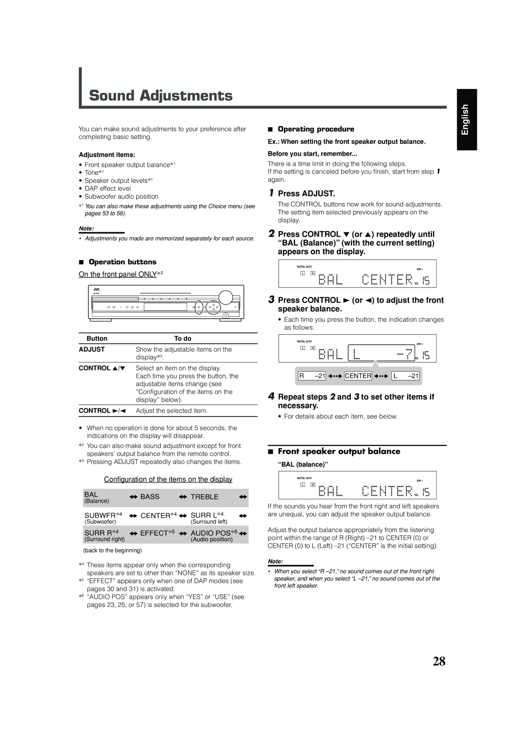 JVC RX-DV31 manual Sound Adjustments, Press Adjust, Press Control 3 or 2 to adjust the front speaker balance 