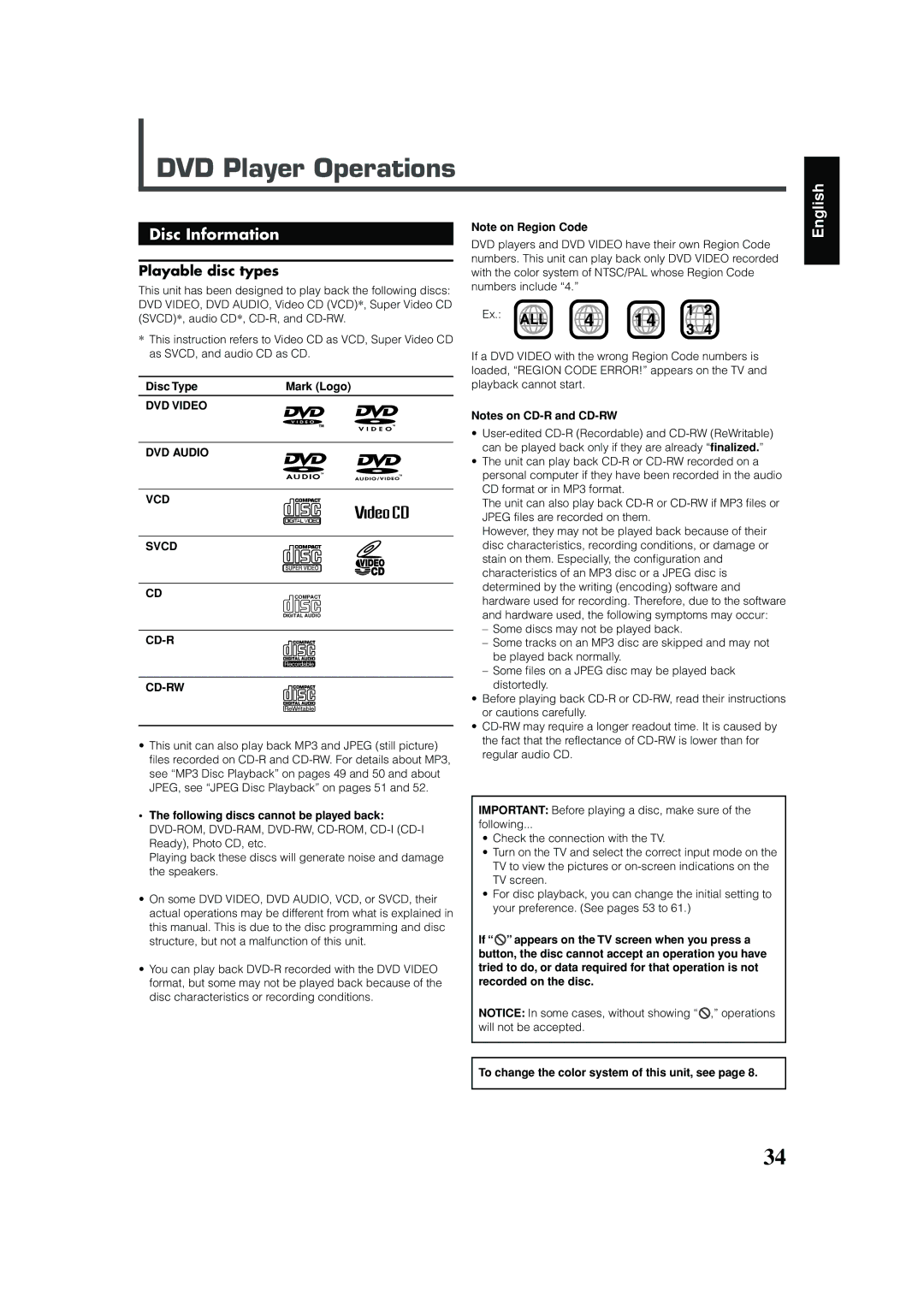 JVC RX-DV31 manual DVD Player Operations, Disc Information, Playable disc types, DVD Video DVD Audio VCD Svcd, Cd-R Cd-Rw 