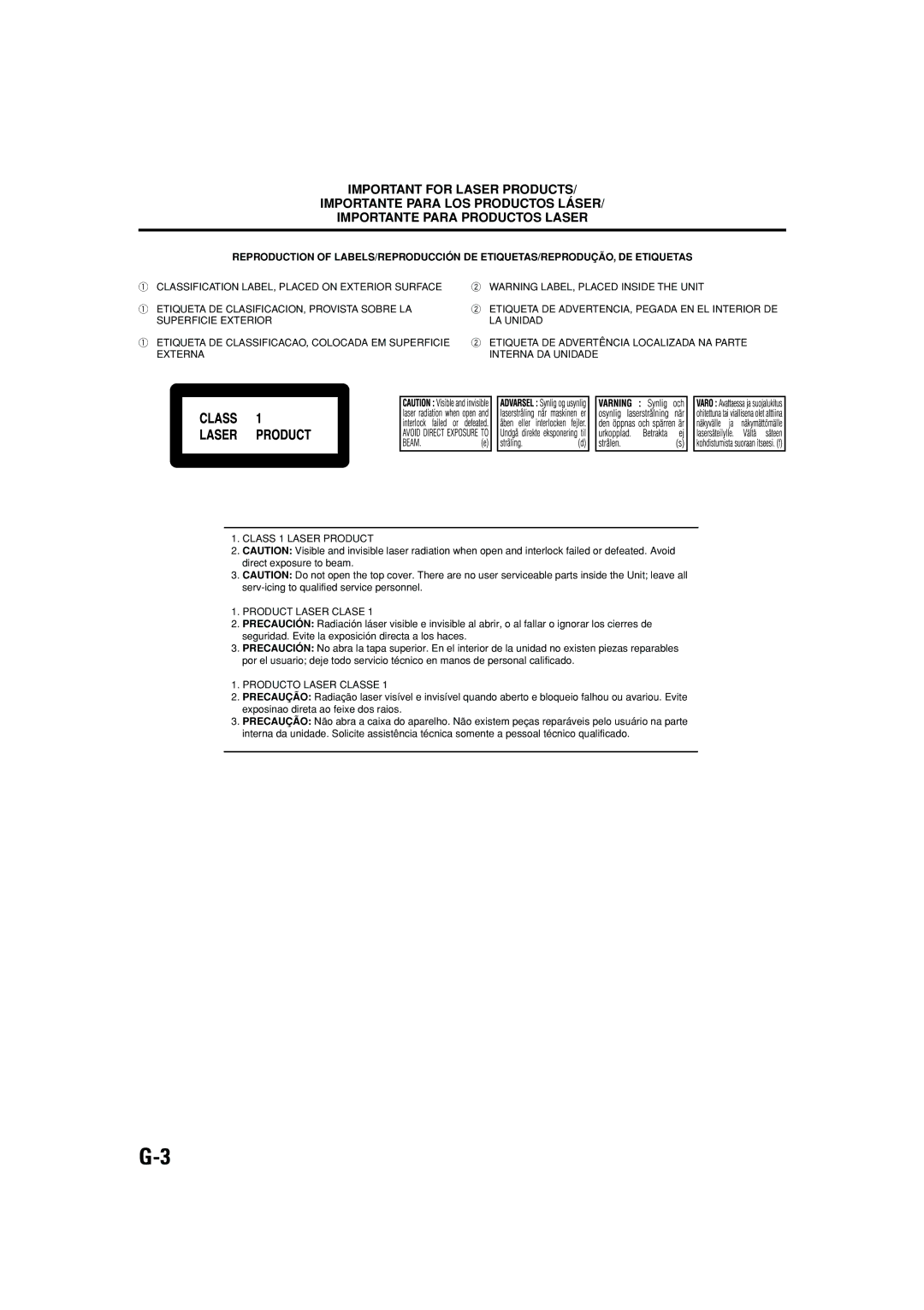 JVC RX-DV31 manual Producto Laser Classe 