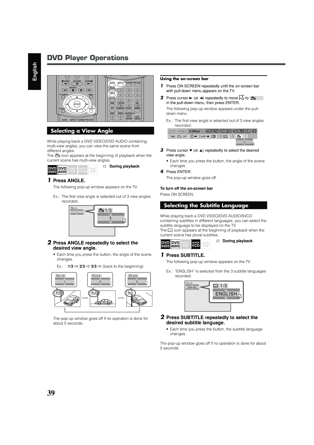 JVC RX-DV31 Selecting the Subtitle Language, Press Angle repeatedly to select the desired view angle, Press Subtitle 