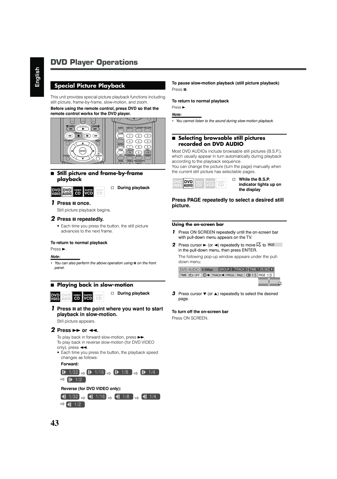 JVC RX-DV31 manual English Special Picture Playback 