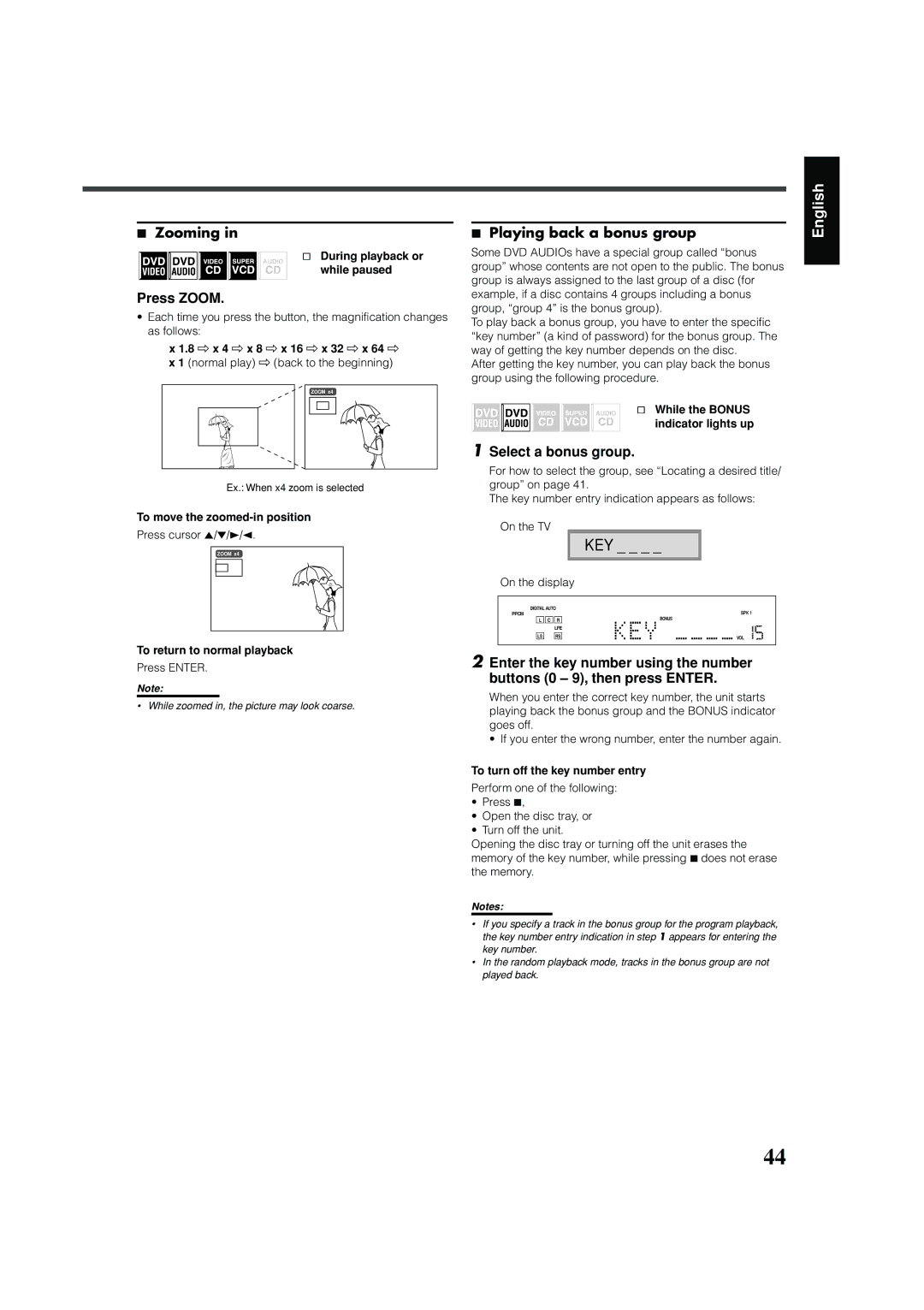 JVC RX-DV31 manual Zooming, Press Zoom, Playing back a bonus group, Select a bonus group 