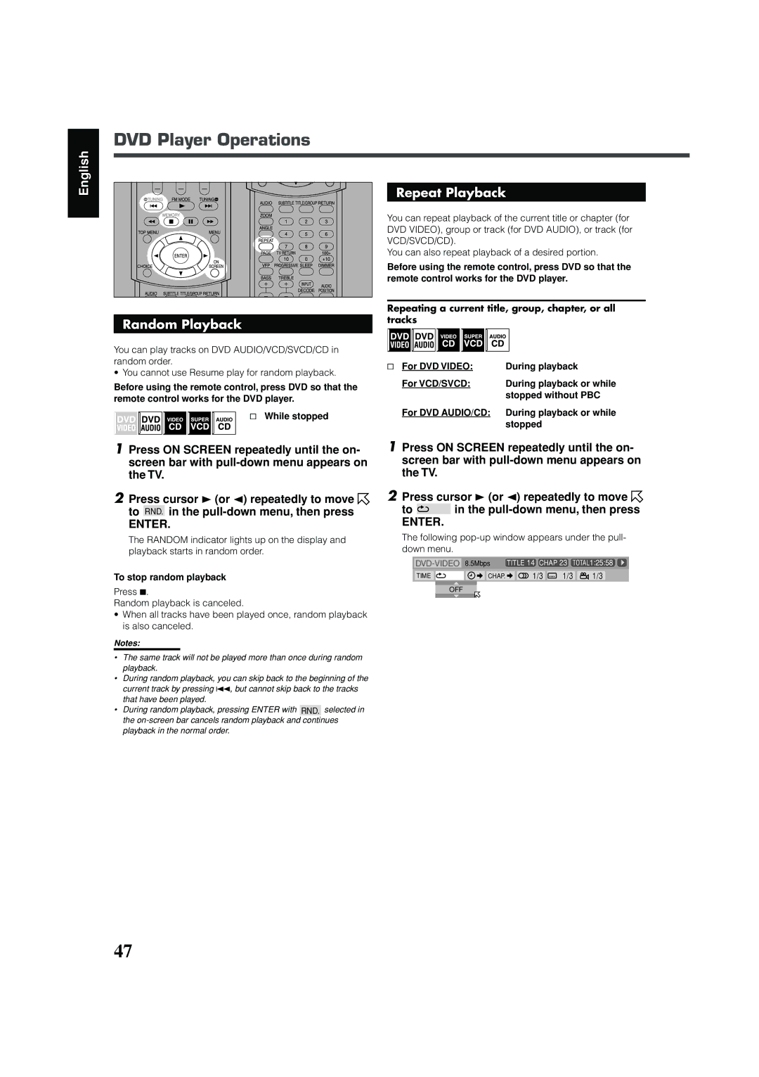 JVC RX-DV31 manual Repeat Playback, To stop random playback 