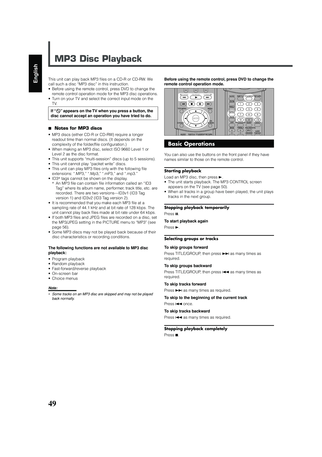 JVC RX-DV31 manual MP3 Disc Playback, Basic Operations 