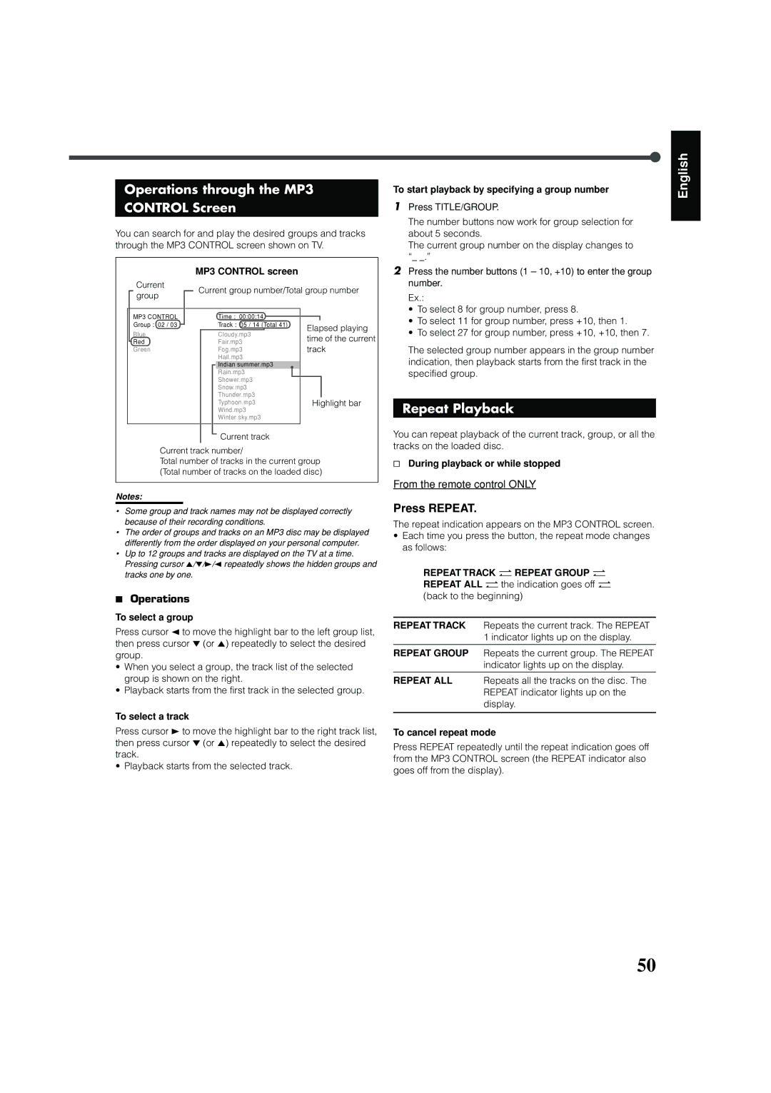 JVC RX-DV31 manual Operations through the MP3 Control Screen, Press Repeat 