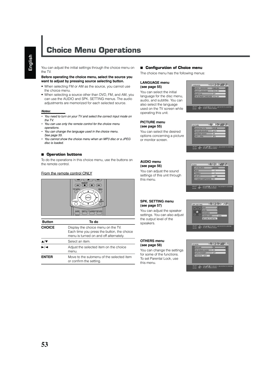 JVC RX-DV31 manual Choice Menu Operations, Configuration of Choice menu, Enter 